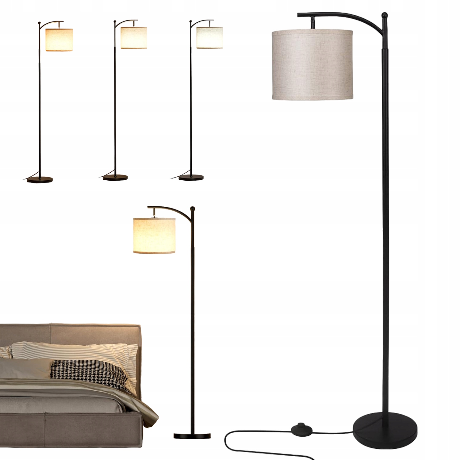 Moderní Podlahová Stojací Lampa 162.5 CM S Led Lněným Stínidlem A Žárovkou Typu E27