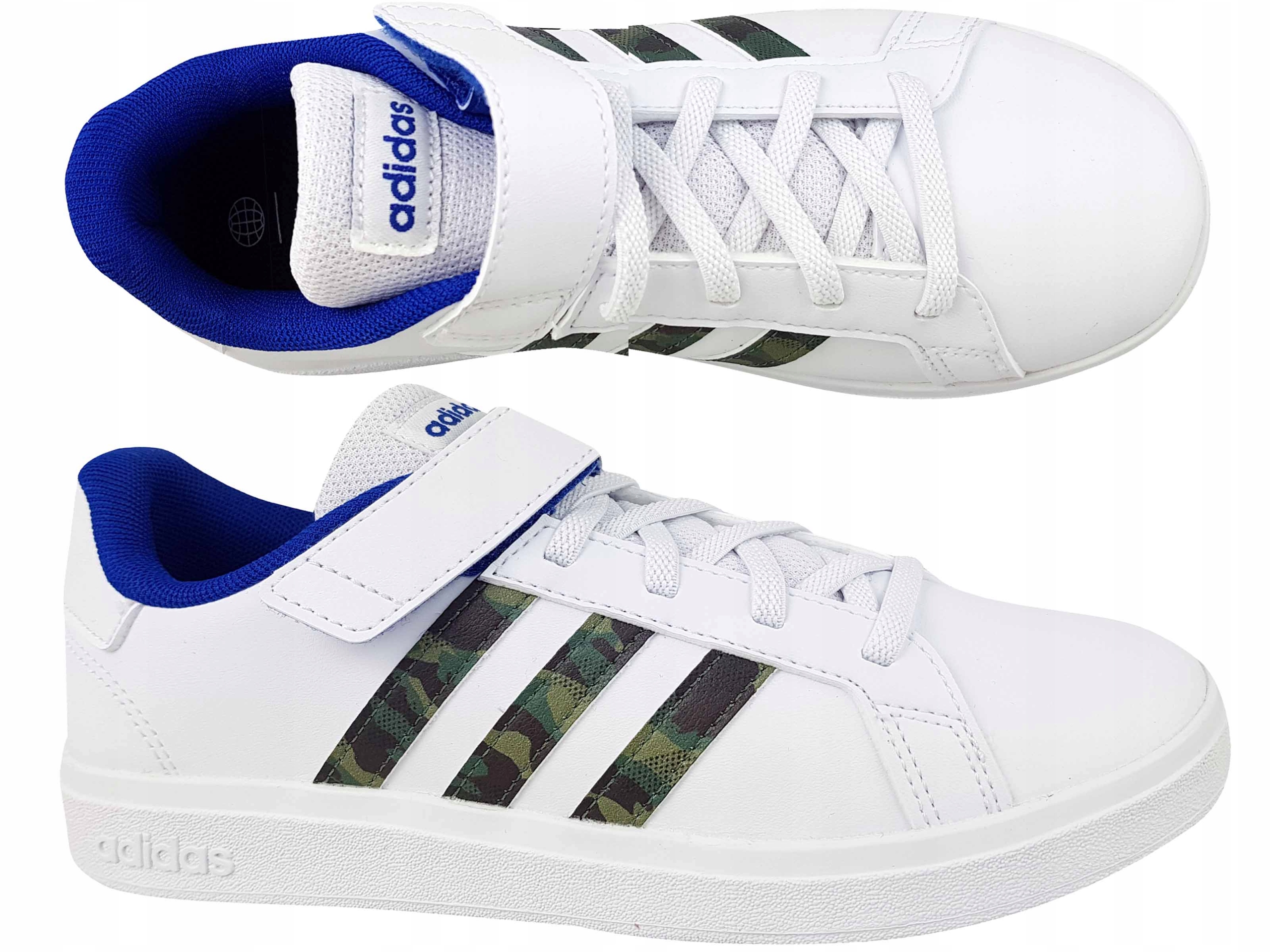 ADIDAS GRAND COURT TRAMPKI DAMSKIE NA GUMKI RZEP Wzór dominujący logo
