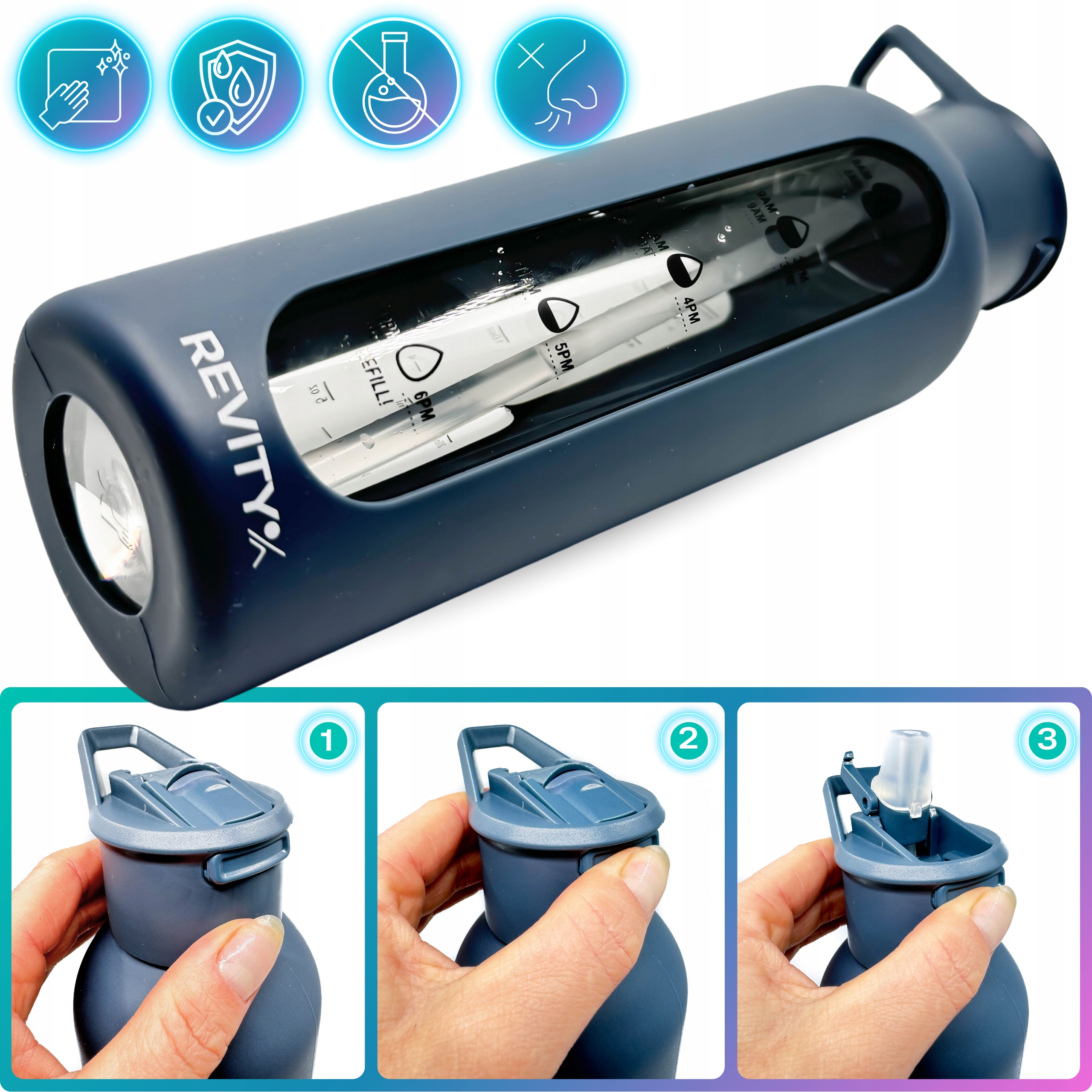 SZKLANA BUTELKA NA WODĘ BIDON SHAKER Z MIARKĄ I DZIUBKIEM SILIKONOWE ETUI Marka Revity