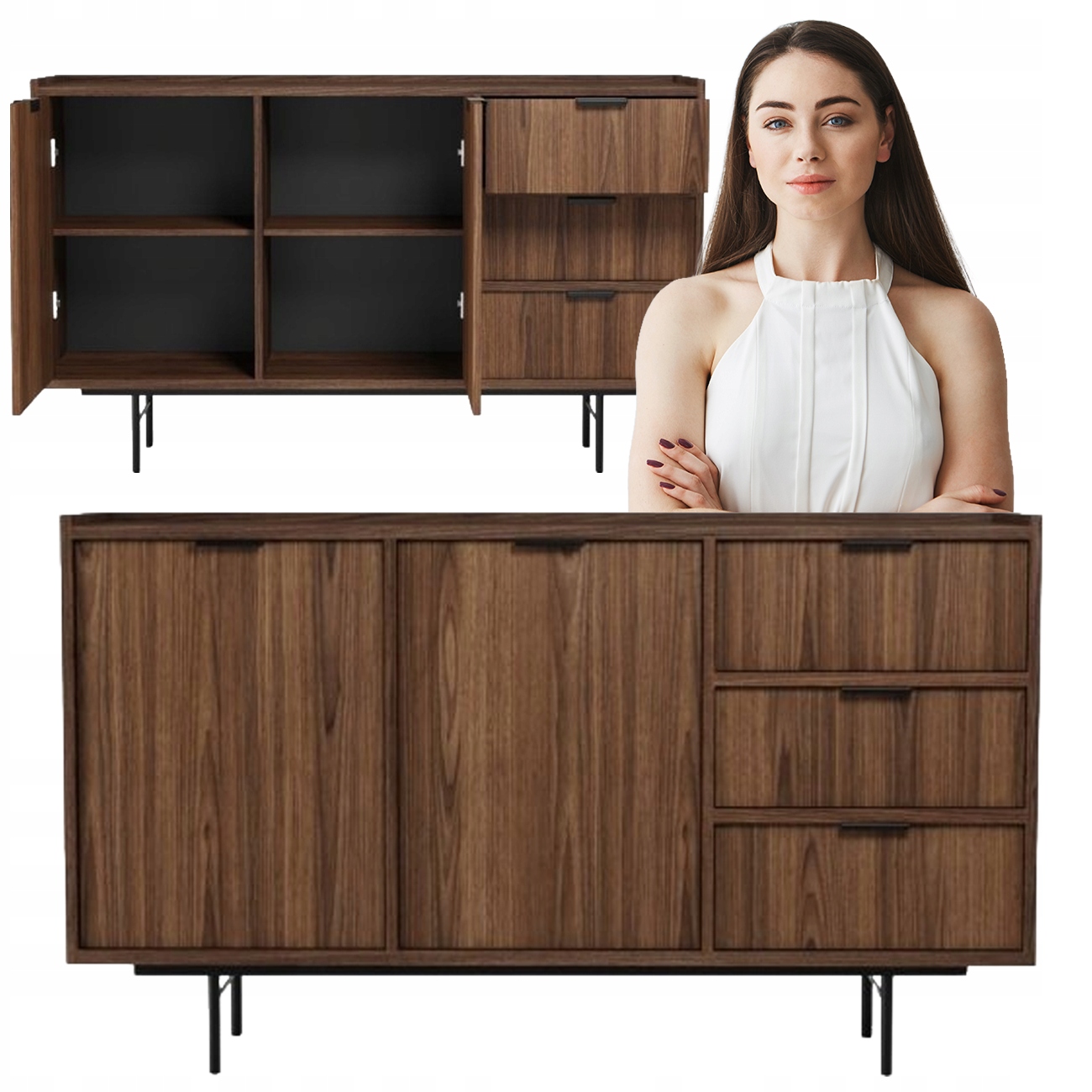 Komoda Do Salonu Z Szufladami Półkami Szafka Do Pokoju Orzech Warmia 150CM
