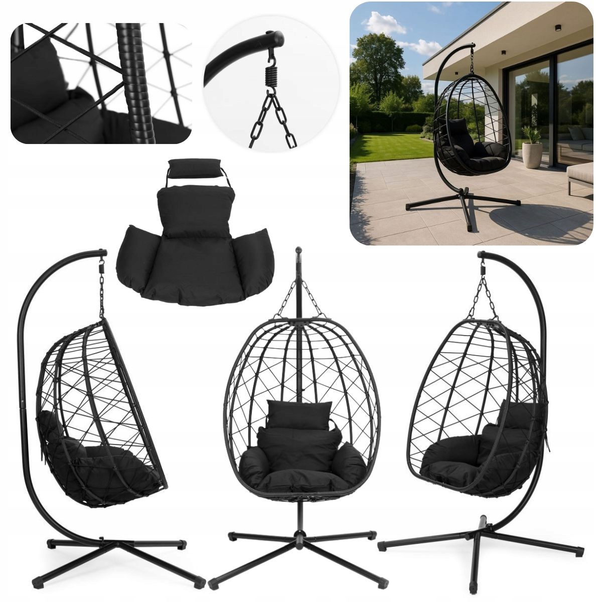 Fotel Kokon Wiszący Ogrodowy Bujany z Poduszką Stelaż do 120 kg Relax