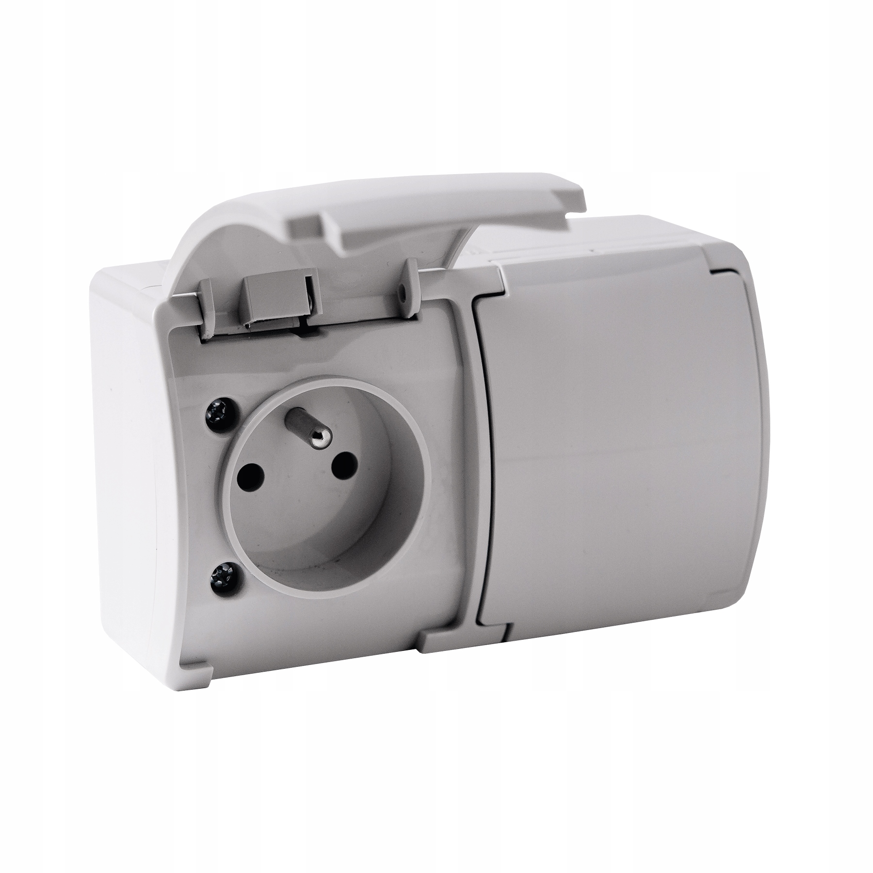 

Podwójne gniazdko natynkowe IP44 250V klapka szara