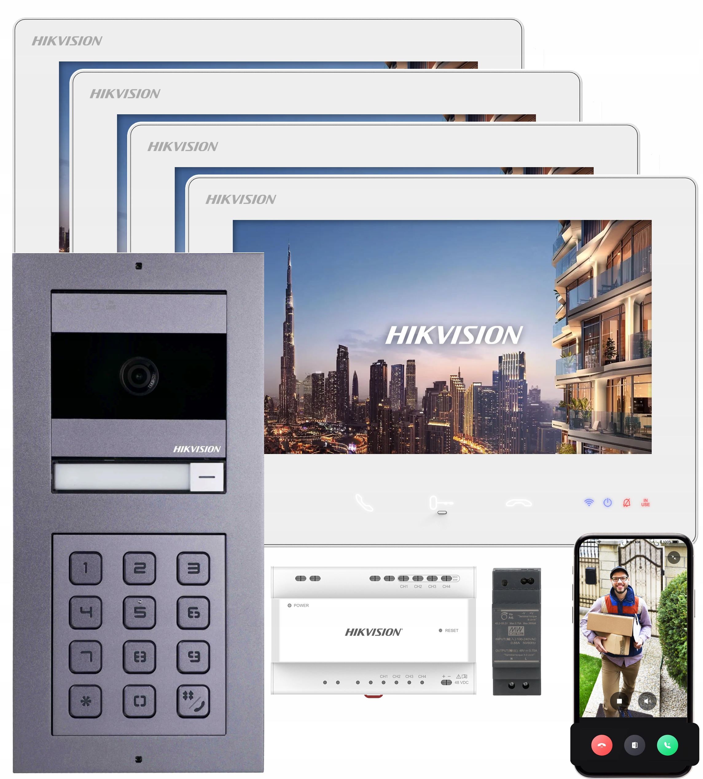 Domofón Rodinný 4x WiFi monitor Šifrovač Aplikácia KIS704-ACF2 Hikvision