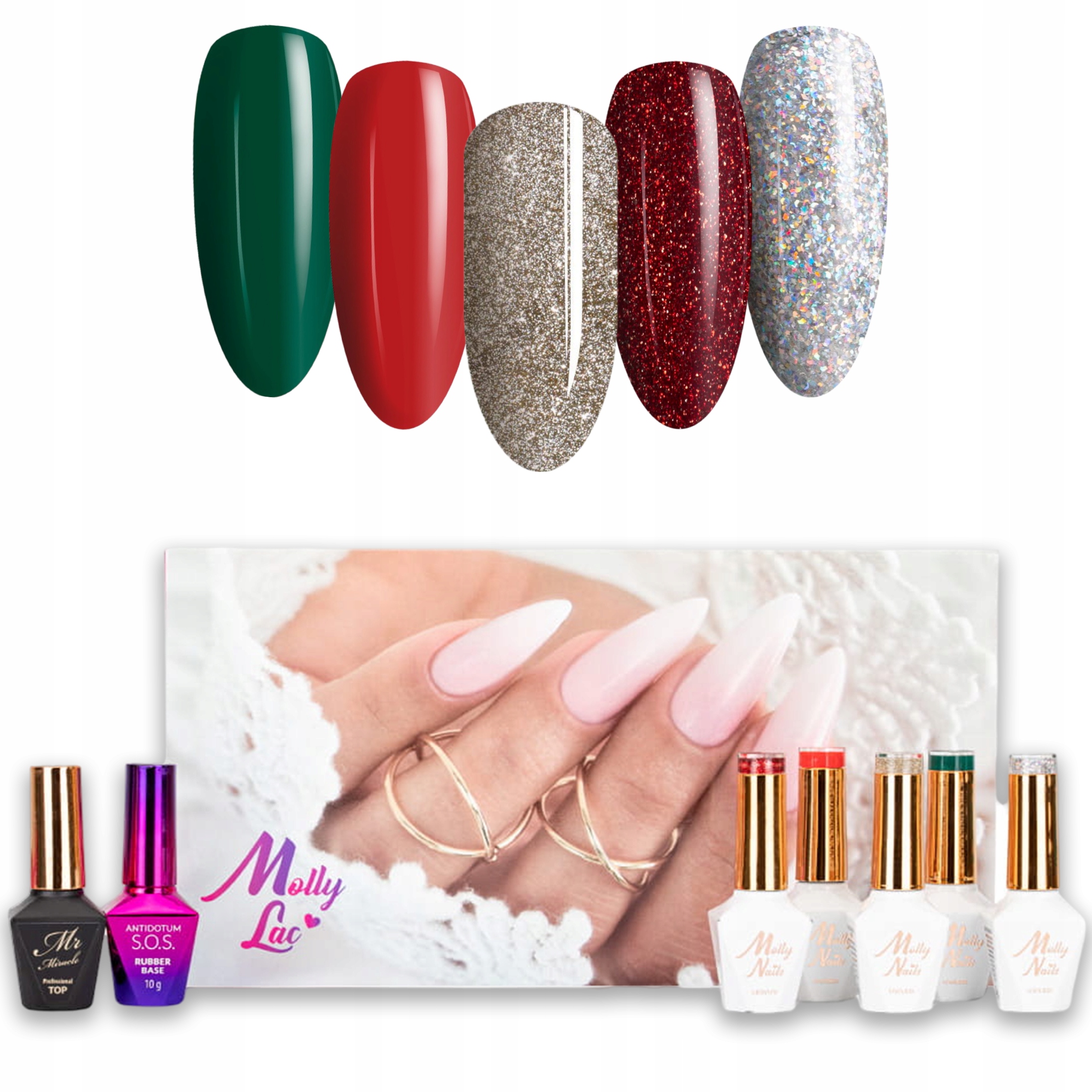 5x Hybridní lak Mollynails 8g Vánoce Báze Top Set 7v1
