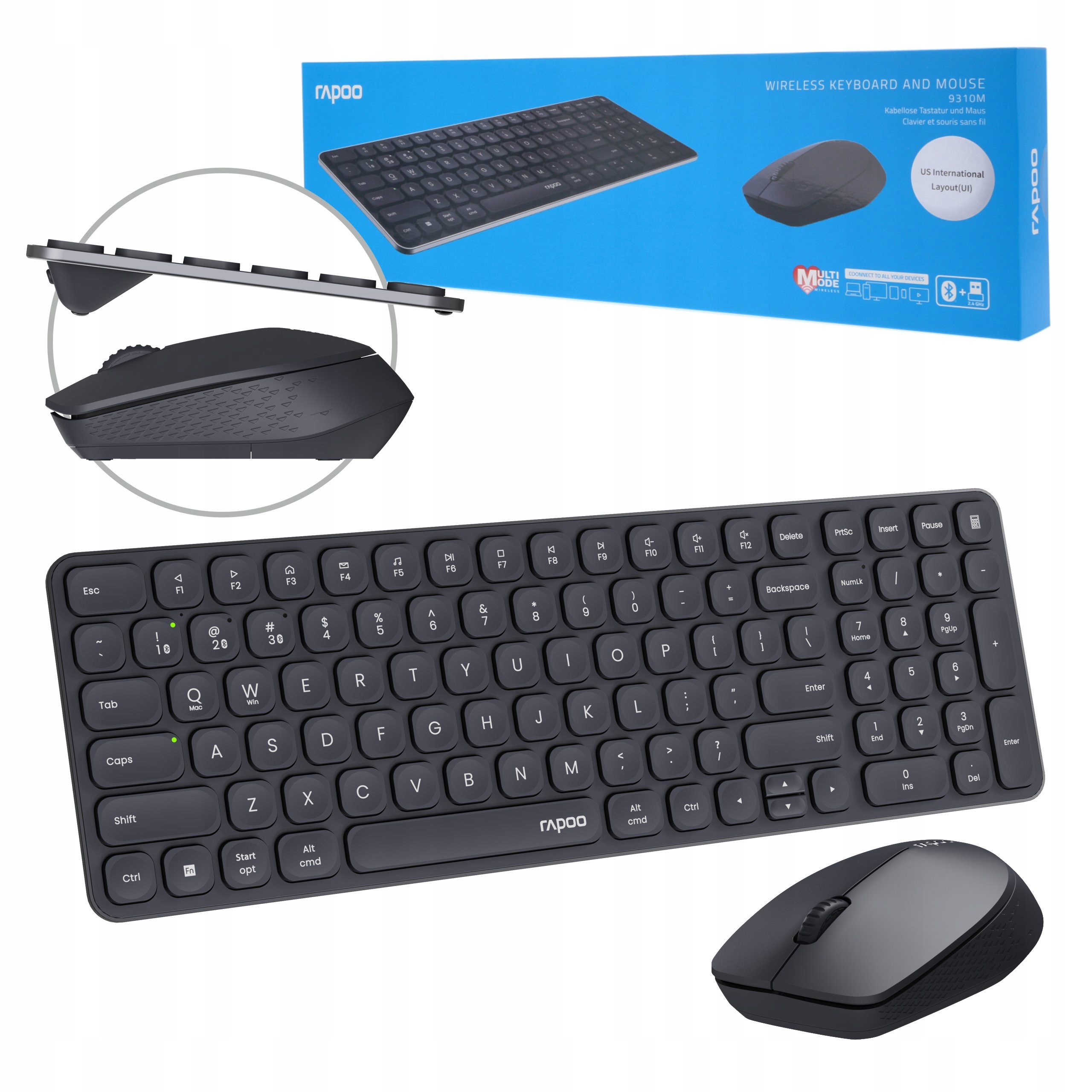 Rapoo Zestaw Bezprzewodowy Biurowy Multi-mode 9310M Klawiatura Mysz Czarn