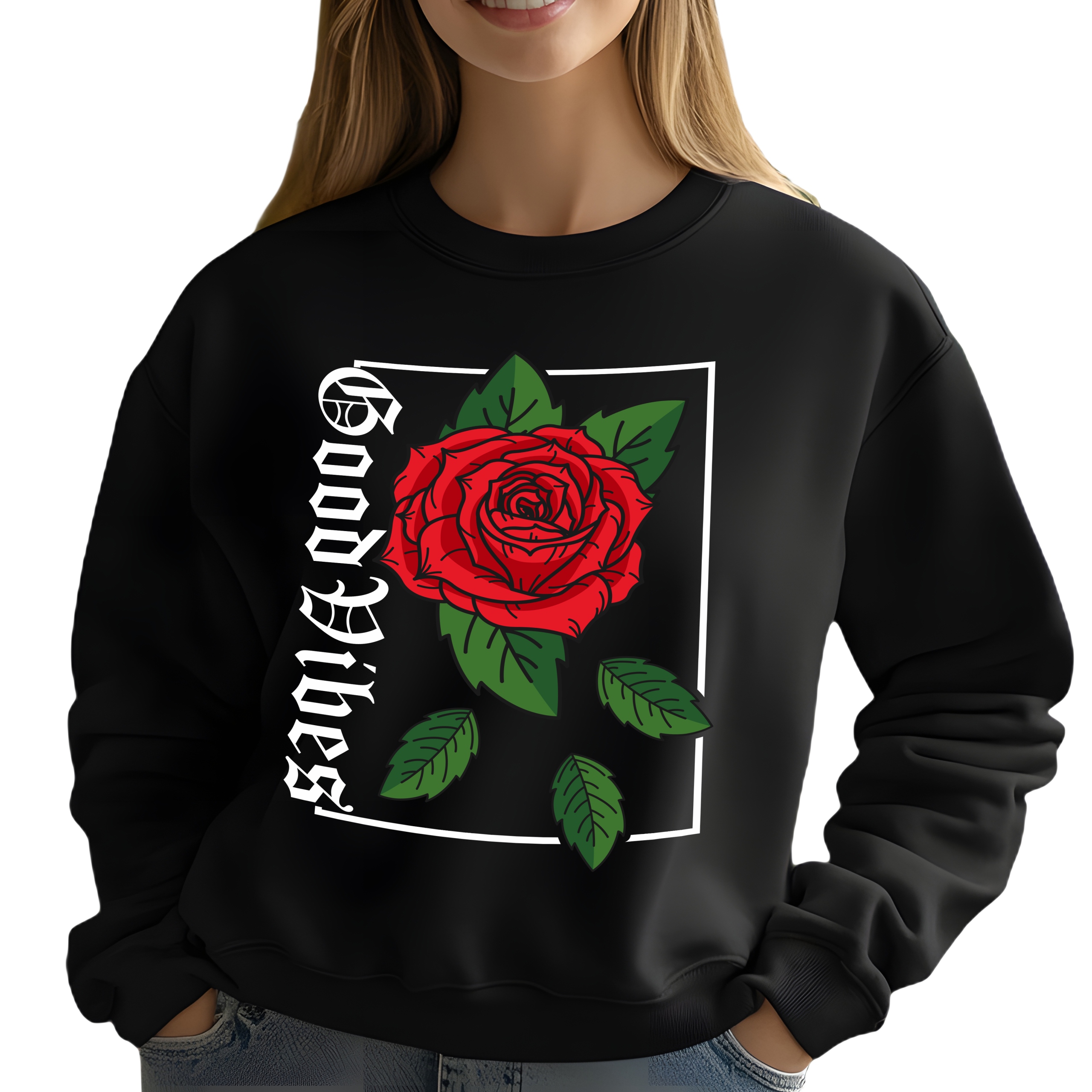 Mikina Černá Dámská Good Vibes Rose Dárek Módní Pohodlná Streetwear Vel XL