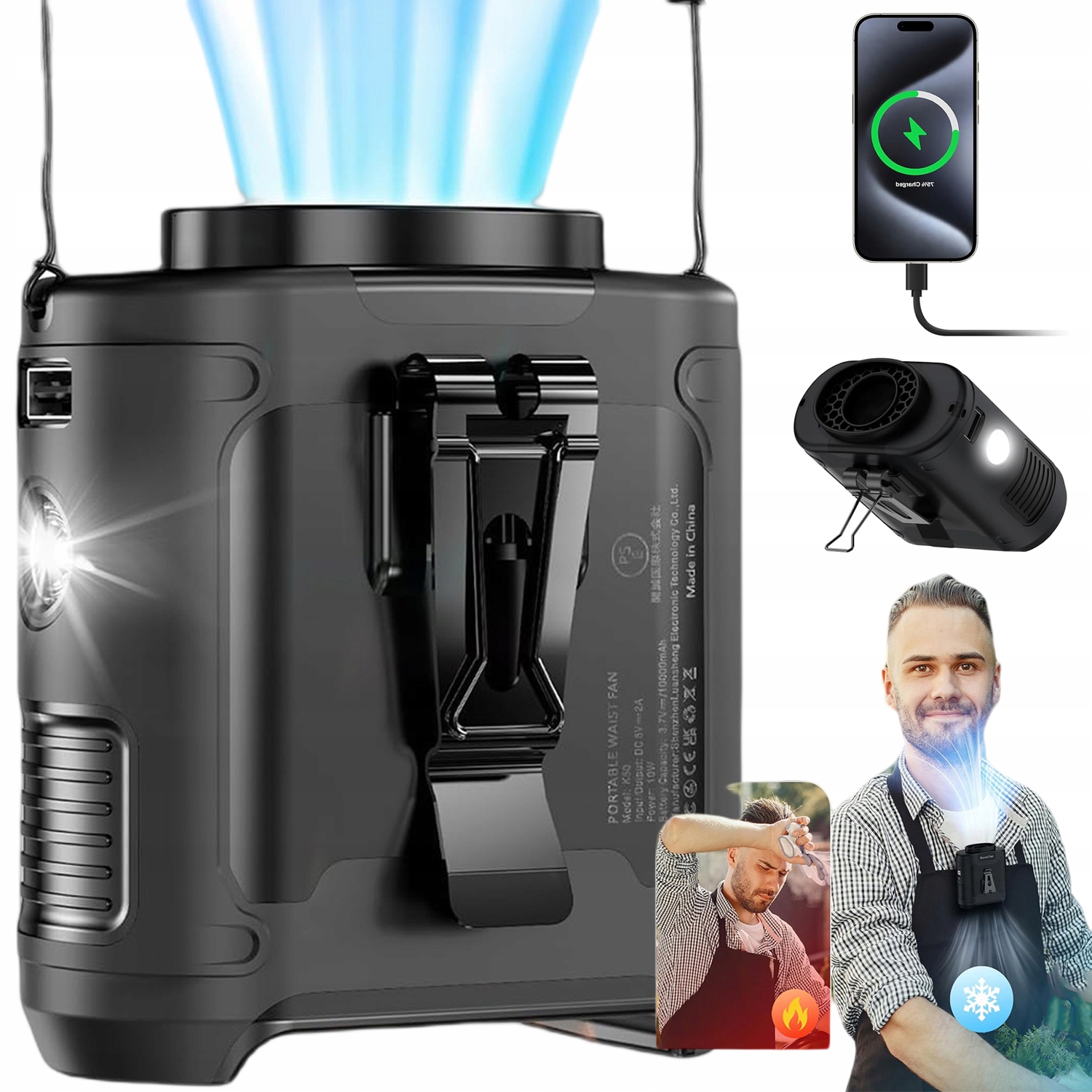 Mini Přenosný Ventilátor Na Opasek, Powerbanka S Svítilnou 10000 Mah