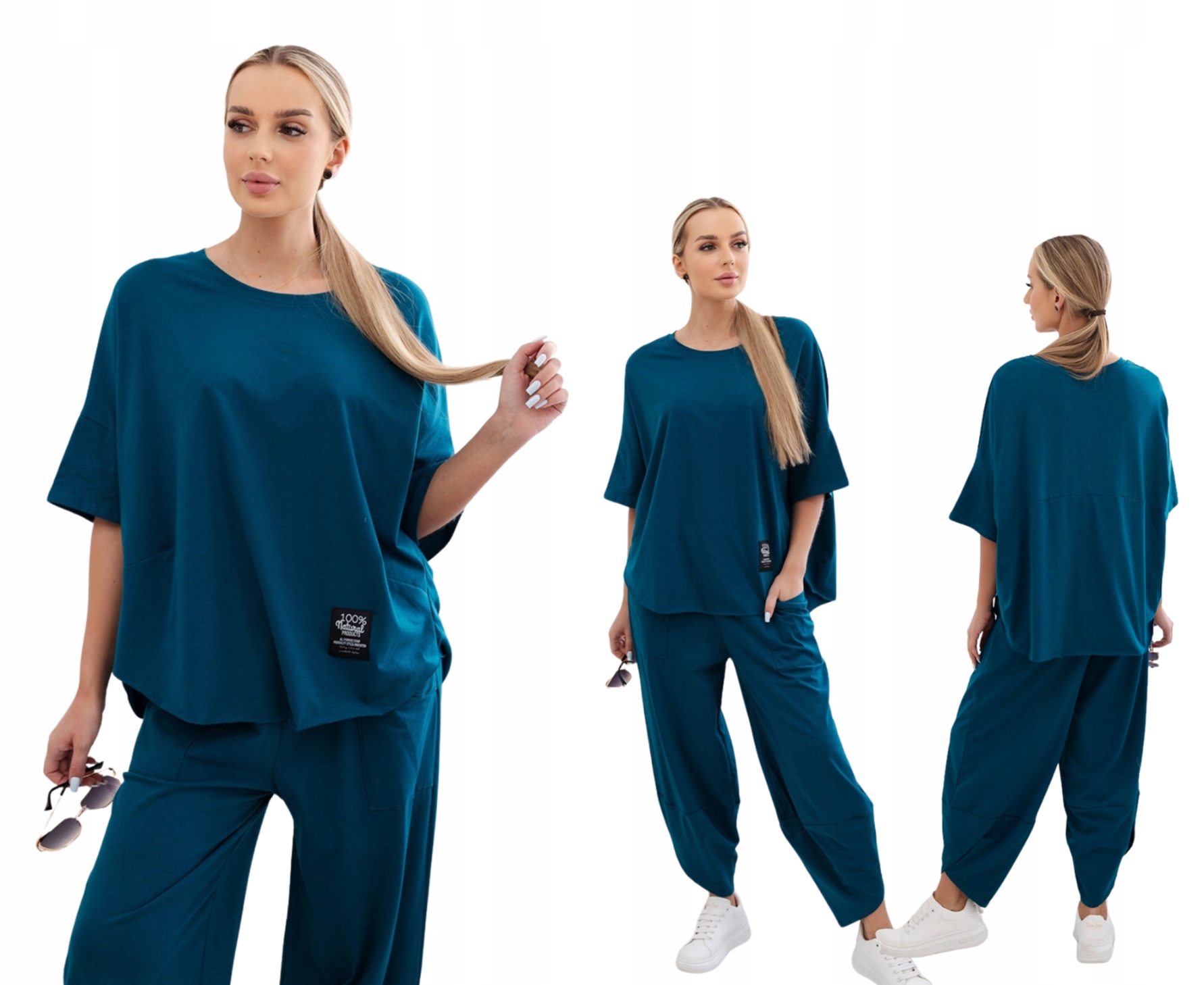 Mořský bavlněný dámský komplet: oversize halenka a kalhoty