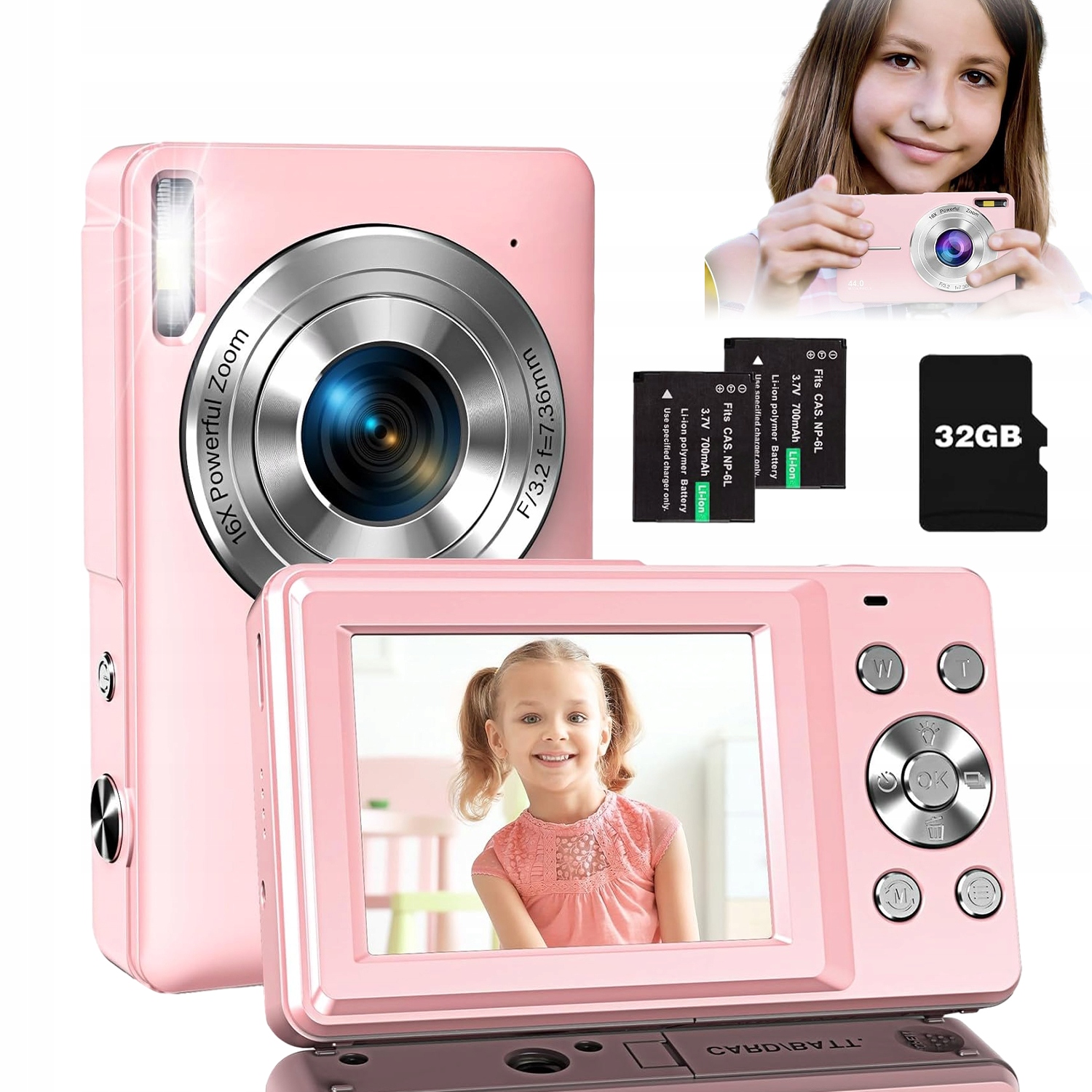Digitální Fotoaparát Hd Zoomem 16 X Funkcí Webové Kamery Pro Děti, Růžový