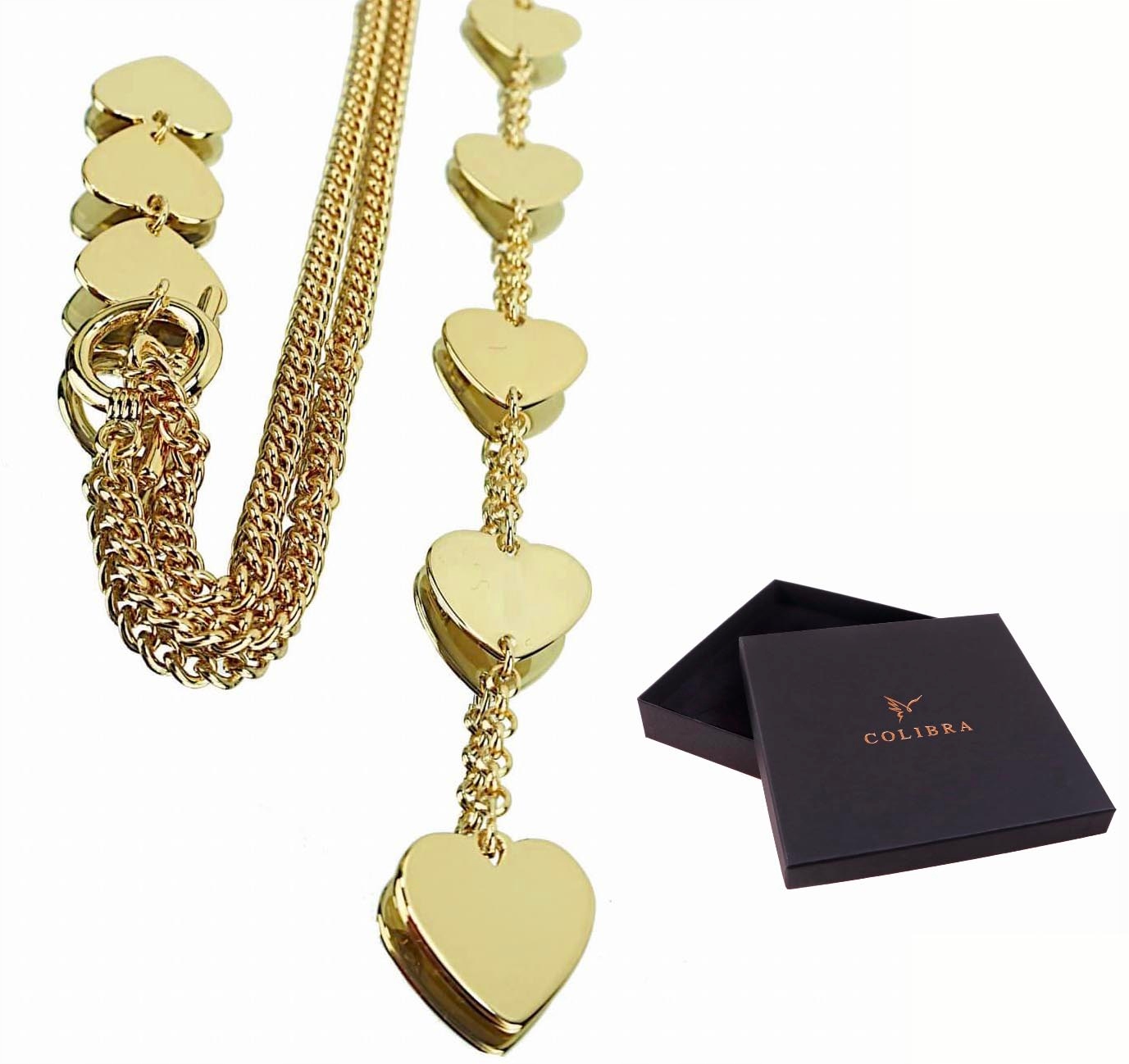Zlatý Náhrdelník srdce dlouhý Řetízek Zadní/přední Strana se srdíčky Colibra
