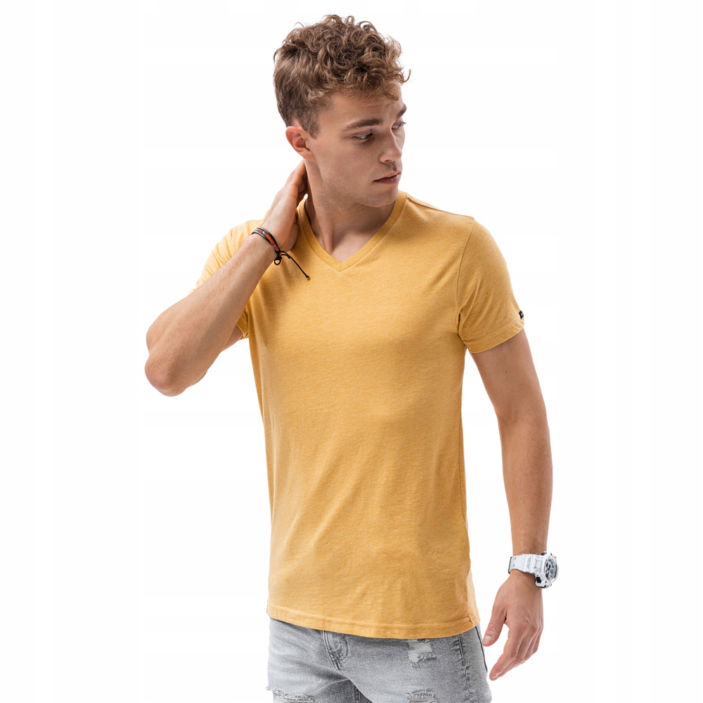 

T-shirt męski basic v-neck S1369 musztardowy L