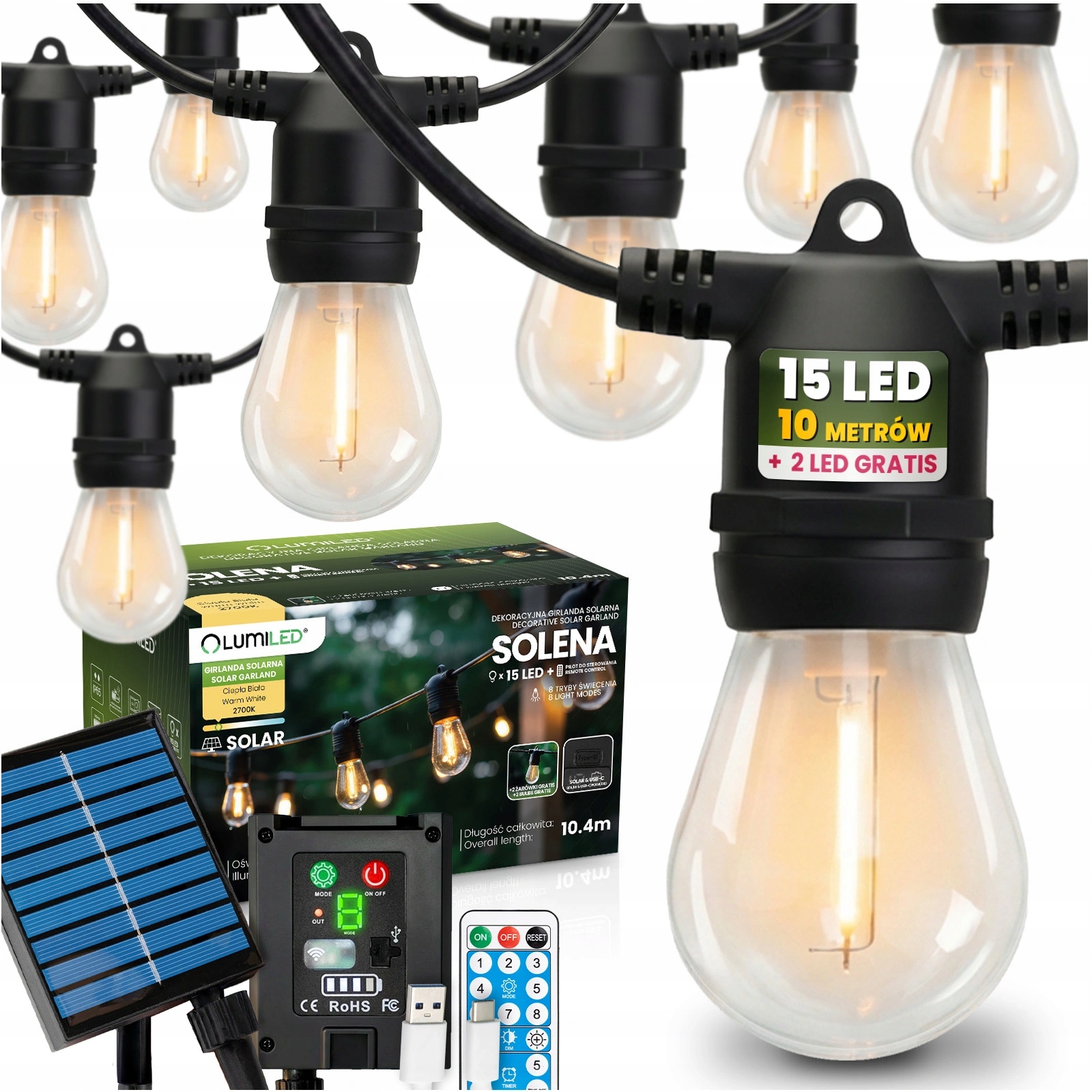 Girlanda Solarna Ogrodowa 10,4m 15x Led Żarówki z Pilotem Ciepła Barwa IP65
