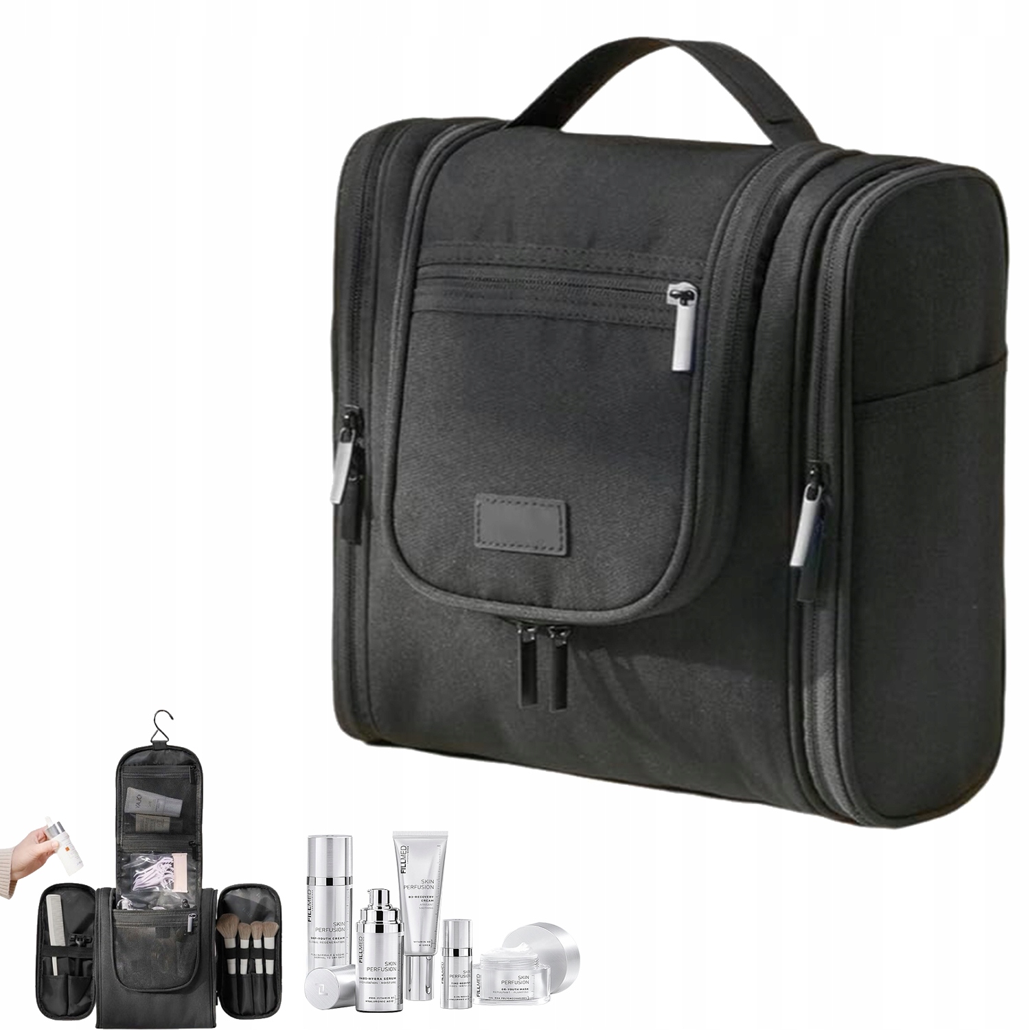 Unisexová Kosmetická Taška, Černá, Vícekomorová, Z Voděodolného Rept Materiálu