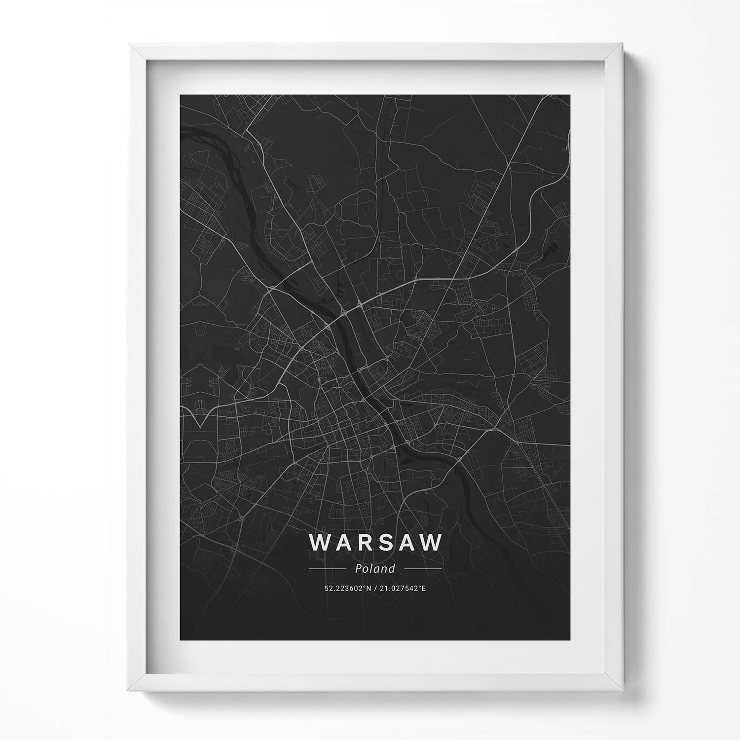 Obraz s bílým rámem a grafikou na zeď Mapa města Varšava Polsko 60x80 cm