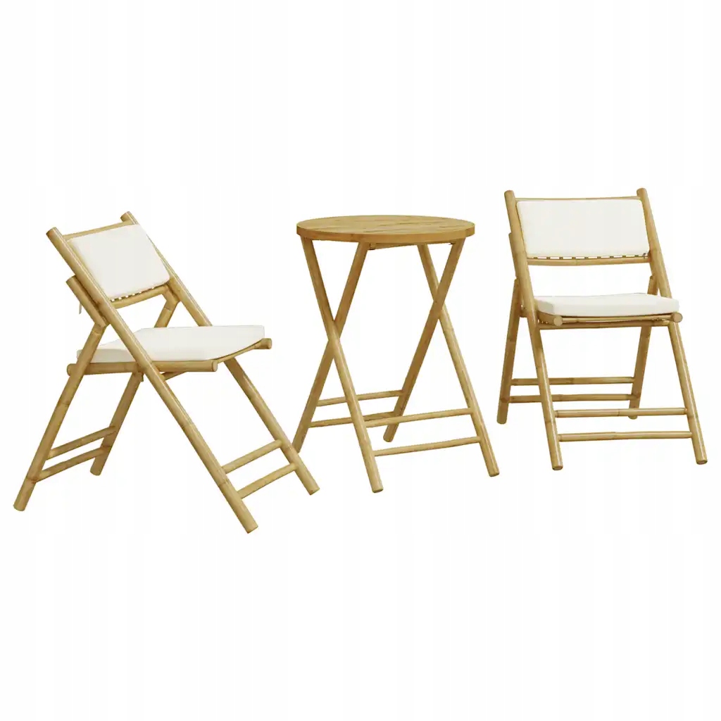 Bistro set z bambusu s krémovými polštáři, stůl 55 x 75 cm, židle 5