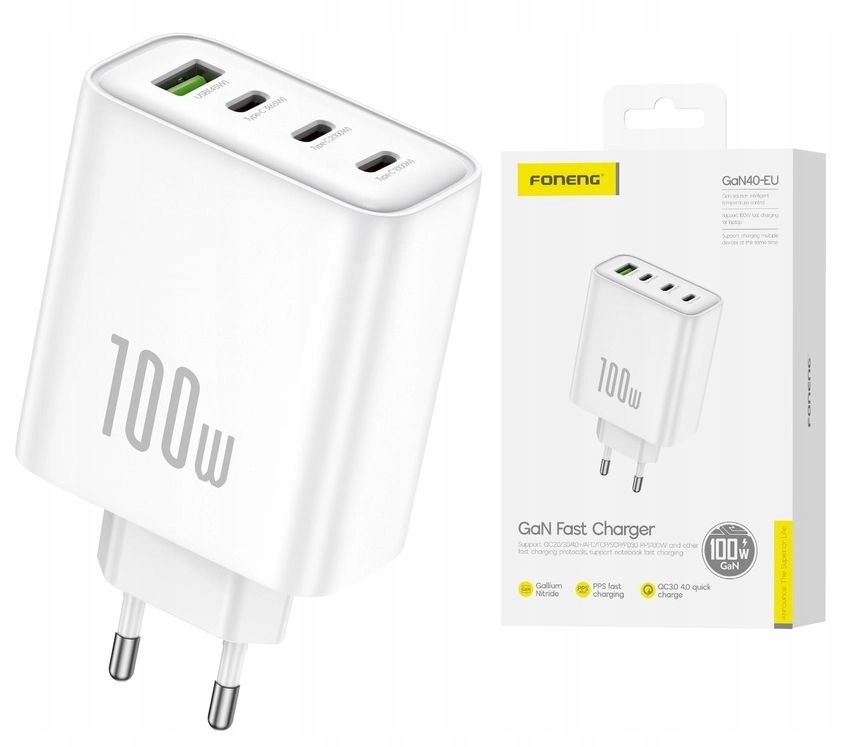 Szybka Mocna Ładowarka GaN40 Usb 3x Usb-c Pd 100W Qc 3.0 do Laptopa Telefon