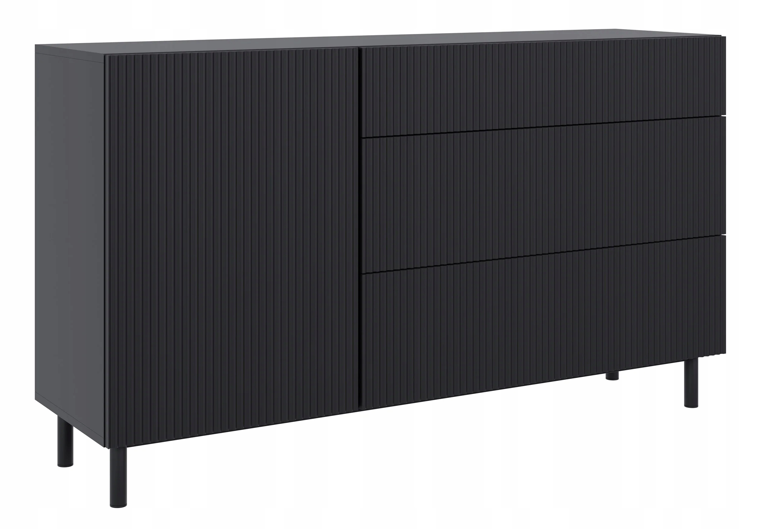 Komoda jednodrzwiowa Veldio New frezowany front 3 szuflady 140 cm czarna
