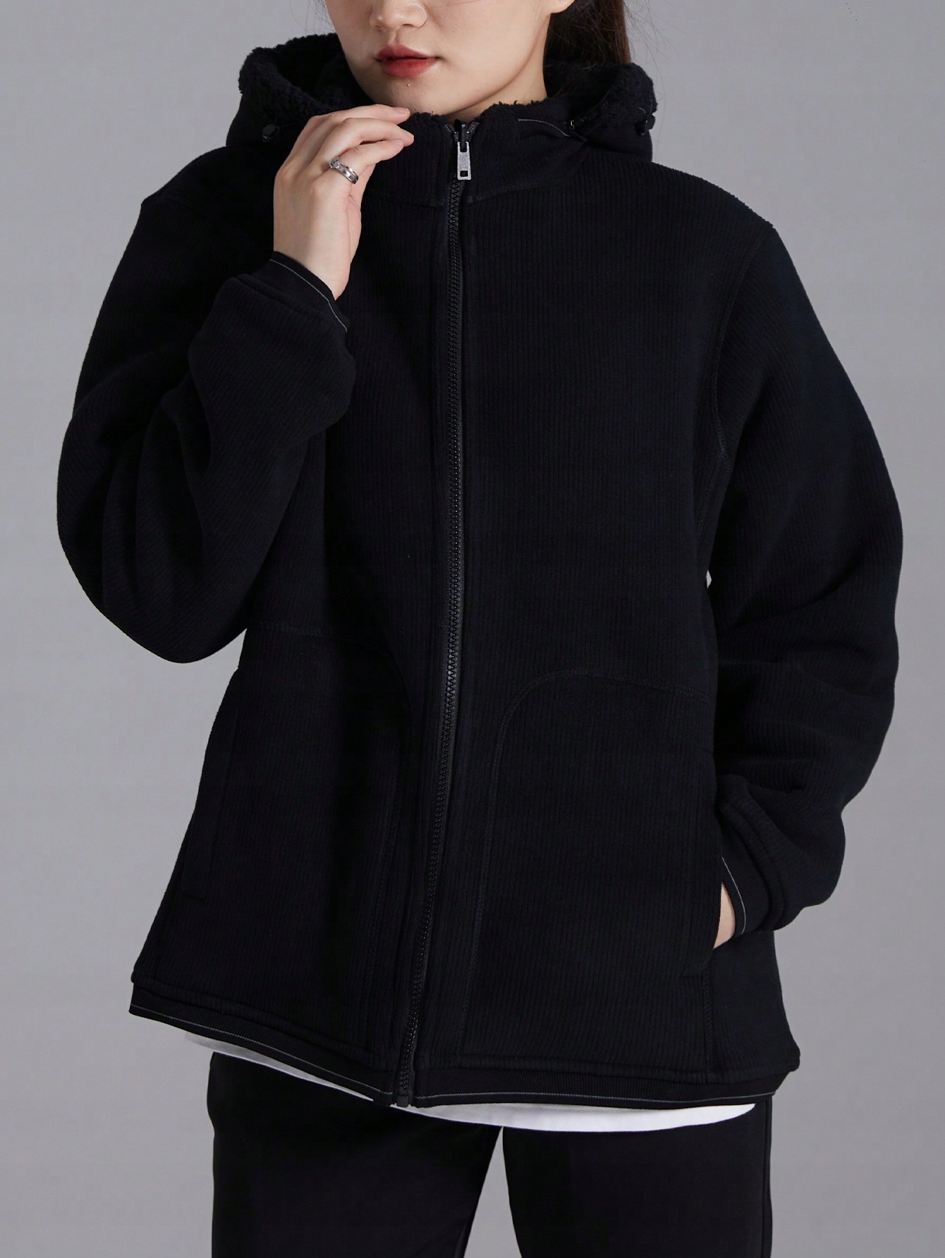 Oboustranná Fleecová Outdoorová Bunda S Kapucí Černá, Velikost 38