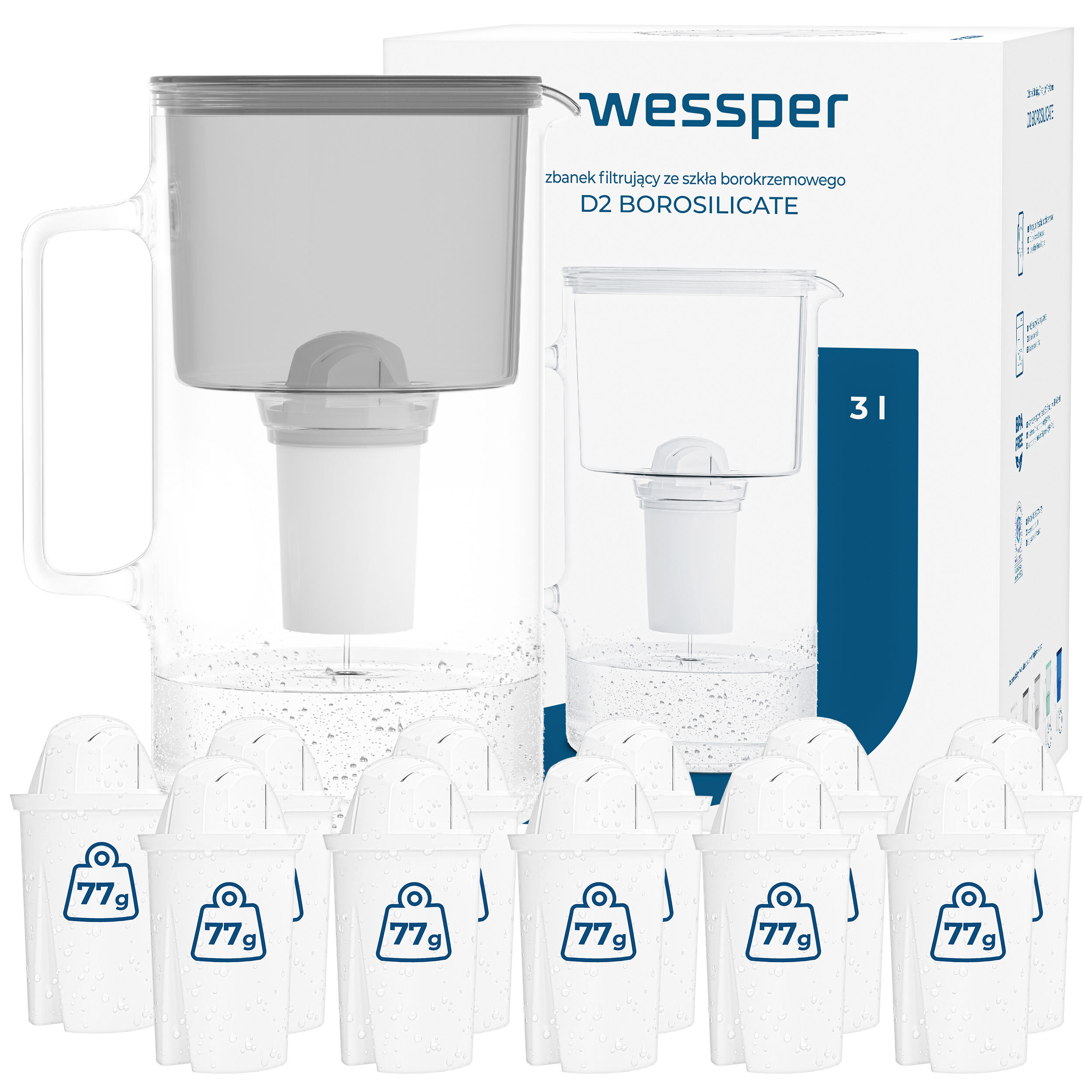 Dzbanek filtrujący szklany Wessper 3l D2 Borosilicate 12x filtr wkład