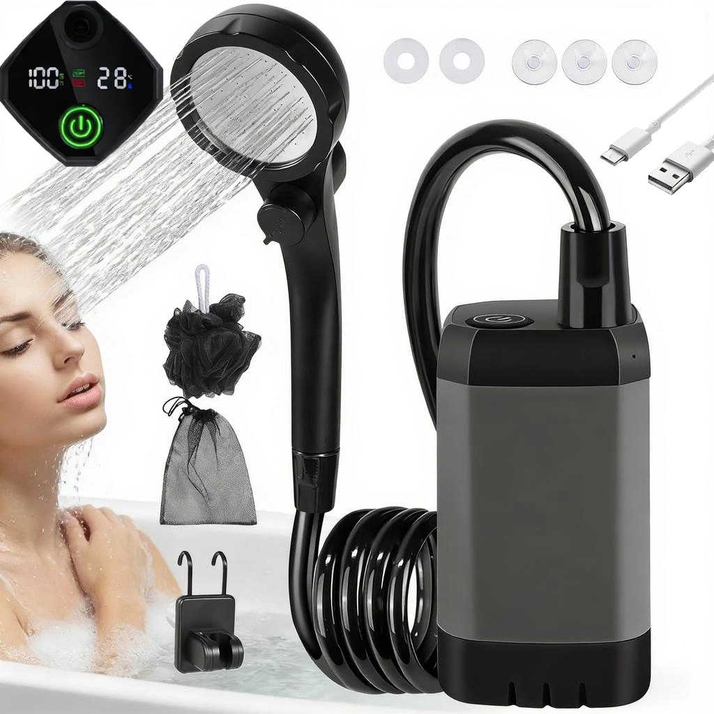 Prysznic Kempingowy Przenośny Turystyczny Led Ekran Z Pompą 4 Tryby Wąż 2M