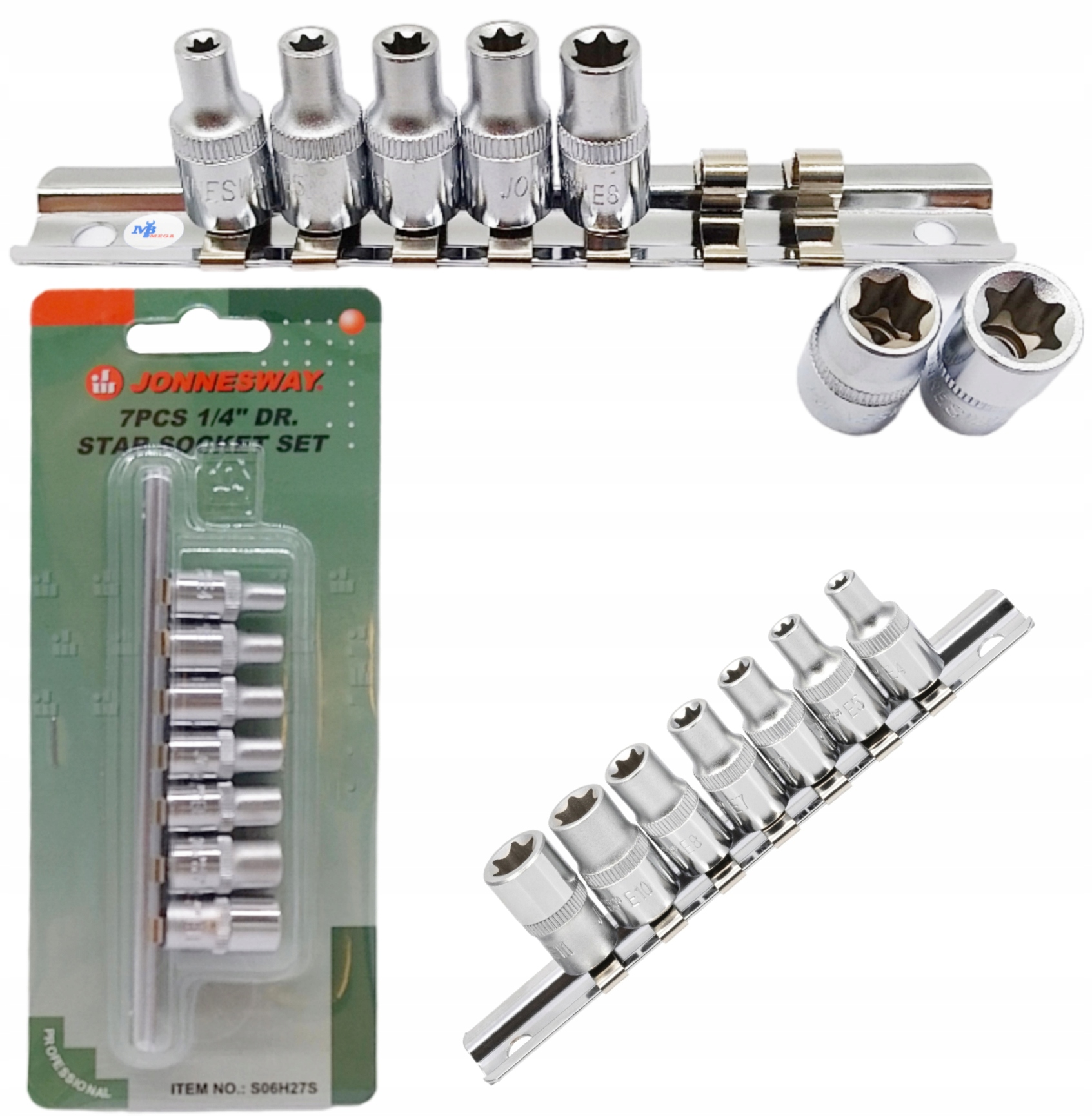 Nasadki E-torx 1/4 7 szt szyna Zestaw komplet nasadek Jonnesway