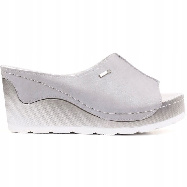 Srebrne Klapki Damskie Na Platformie Buty Koturny Wsuwane Lekkie