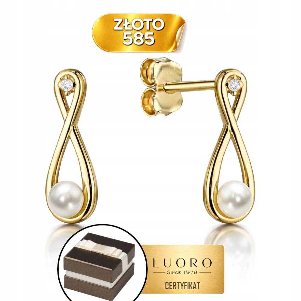 Náušnice Zlaté 585 14K Znamení Nekonečna Zirkon Perla 14 MM Tyčinka