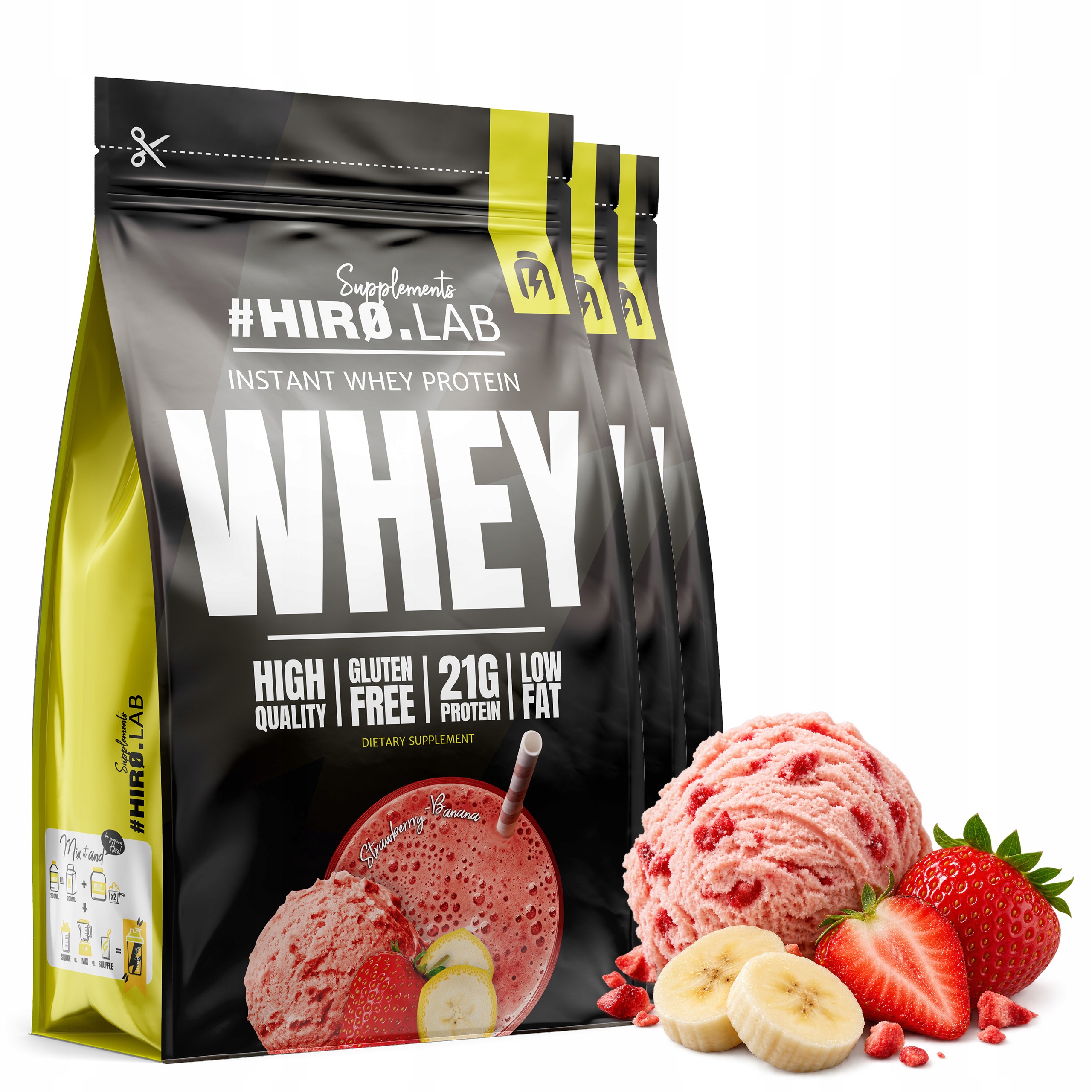 3x Wpc Instant Whey Protein syrovátkový 750 g Banán Jahoda HiroLab