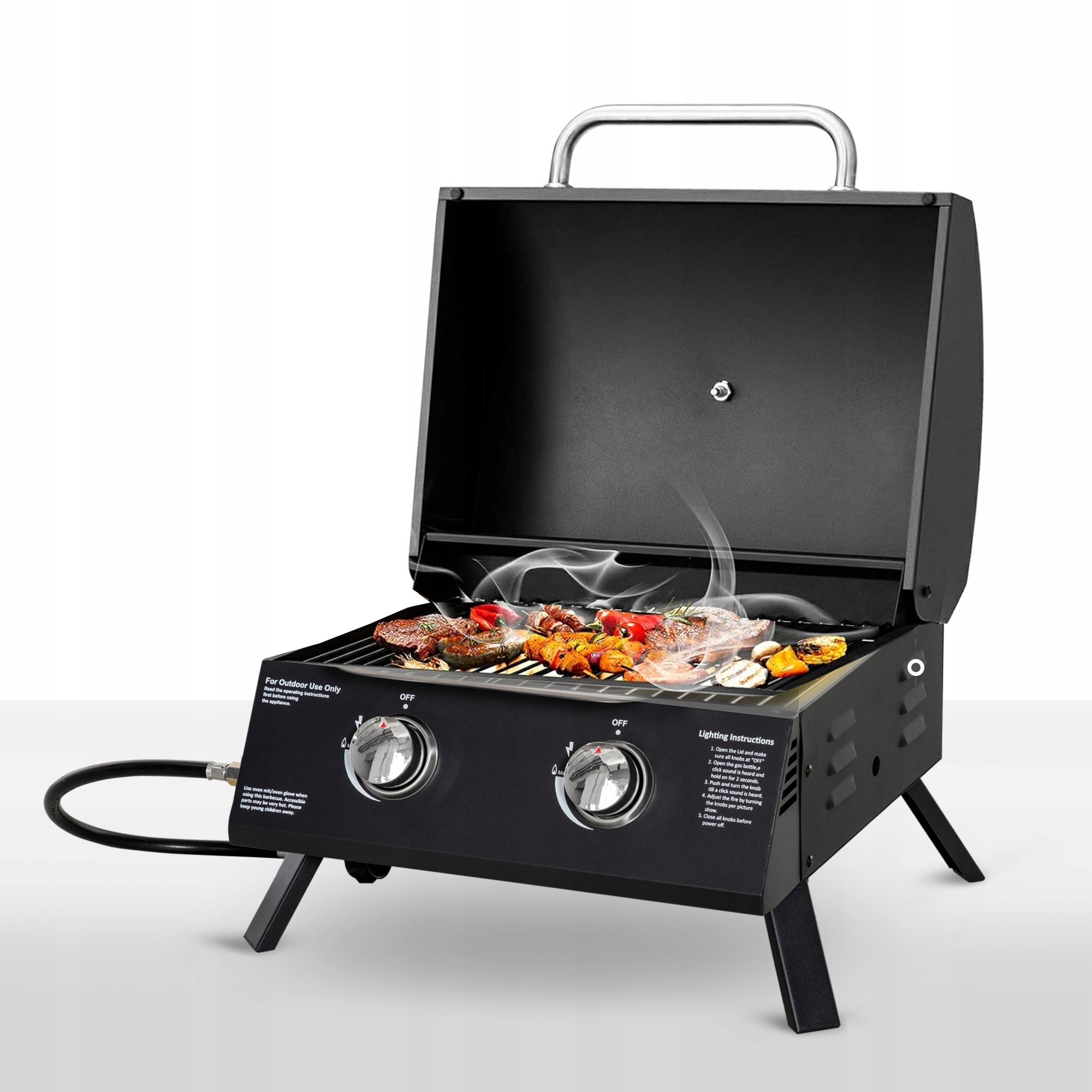 Grill Gazowy Przenośny Z Pokrywą 2 Palniki Stalowa Kratka Czarny 55 x 46.5 x 41 CM