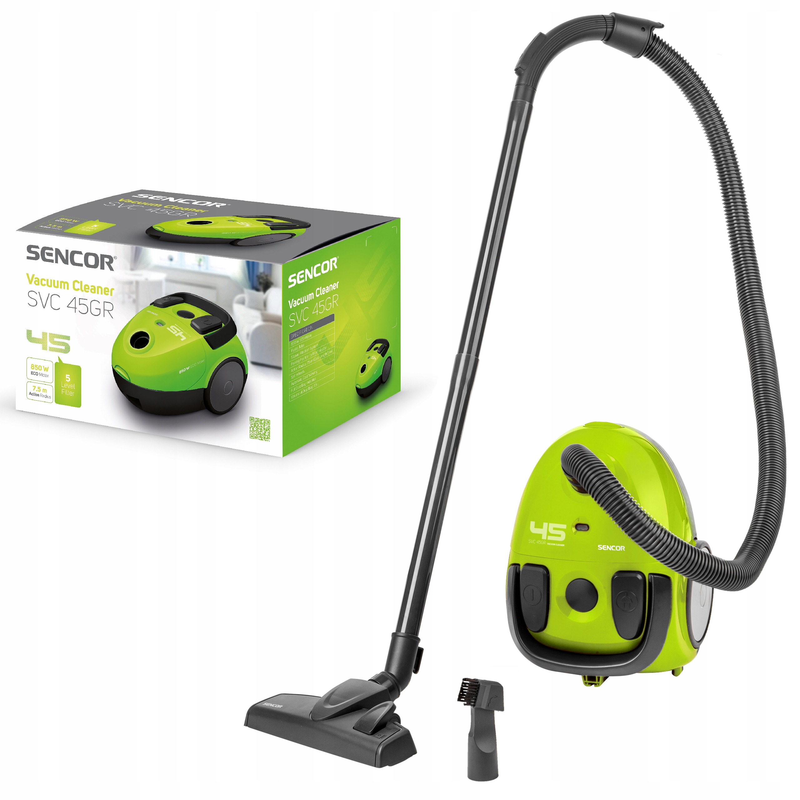 Cichy lekki odkurzacz workowy 850W 1,5L 79dB zielony Sencor Svc 45GR-EUE3