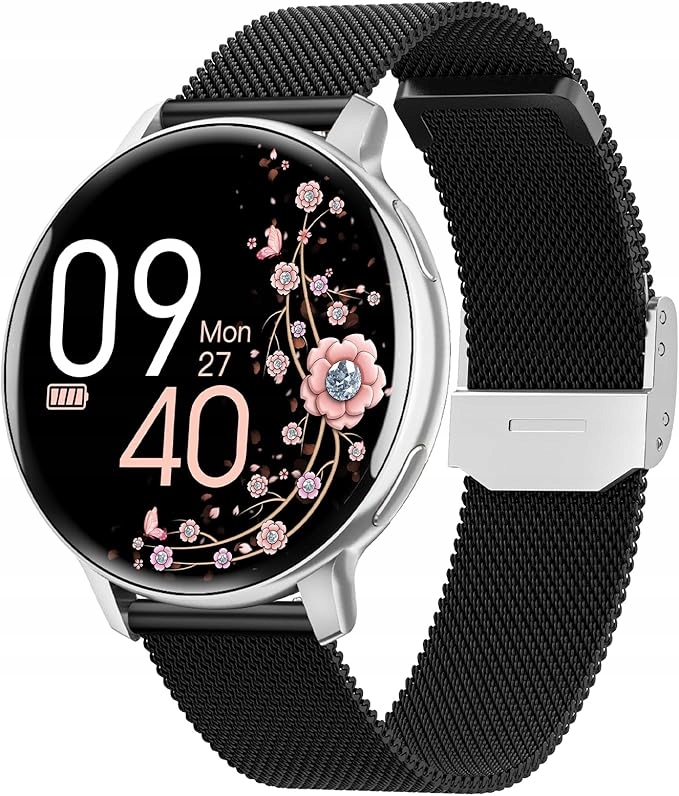 Hasakei Dámské chytré hodinky s Bluetooth 5.3 1,39", voděodolné, černo-stříbrné