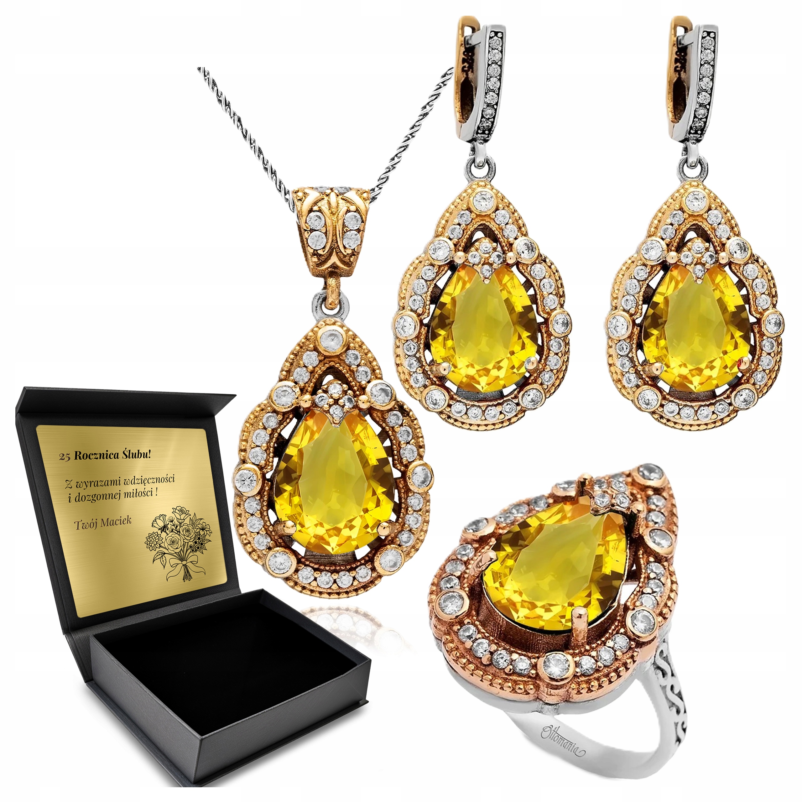 Sada Stříbrných Šperků 925 Zirkony Citronová Sada Pro Ženu Gravírování