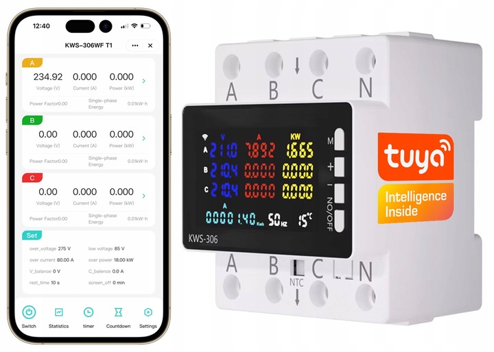 Třífázový elektroměr Měří Watty WiFi Tuya relé 80A LCD Din