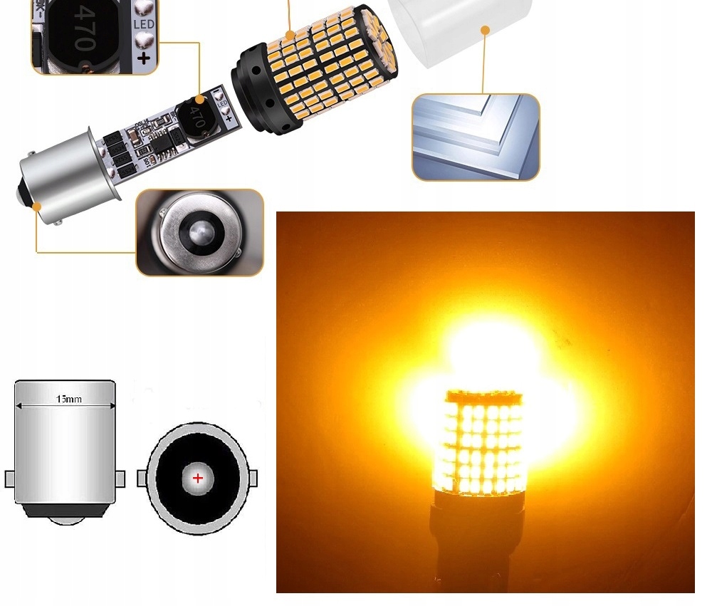 ŻARÓWKA P21W 144 LED POMARAŃCZOWA 4014 BA15S Numer katalogowy części 01