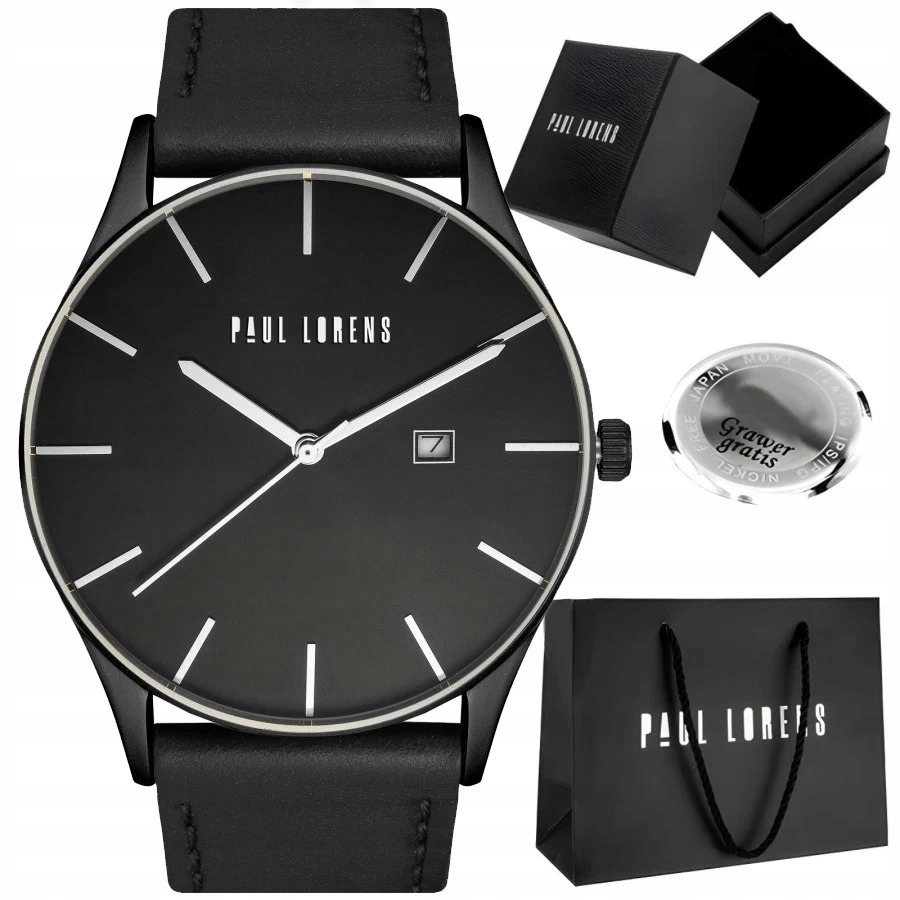 Pánské hodinky Paul Lorens Longio Černá kůže s datumovkou Gravírování