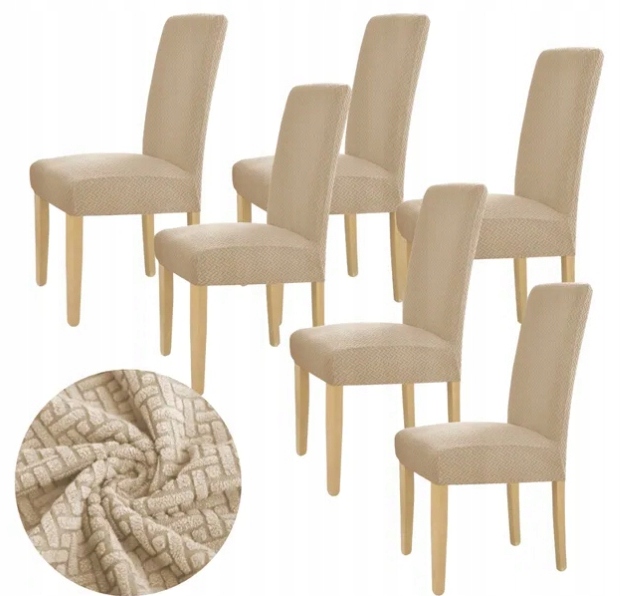 Sada 6 Ks. Potahy Na Židle Béžové Elastické Žakárové Vzhled Jedličky