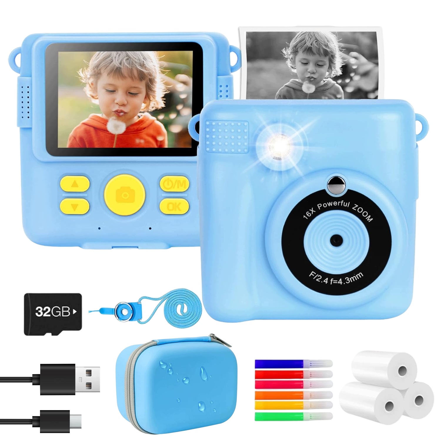 Mini Tiskárna Okamžitá Kamera Pro Děti 1000 Mah Baterie 32 Gb Modrá