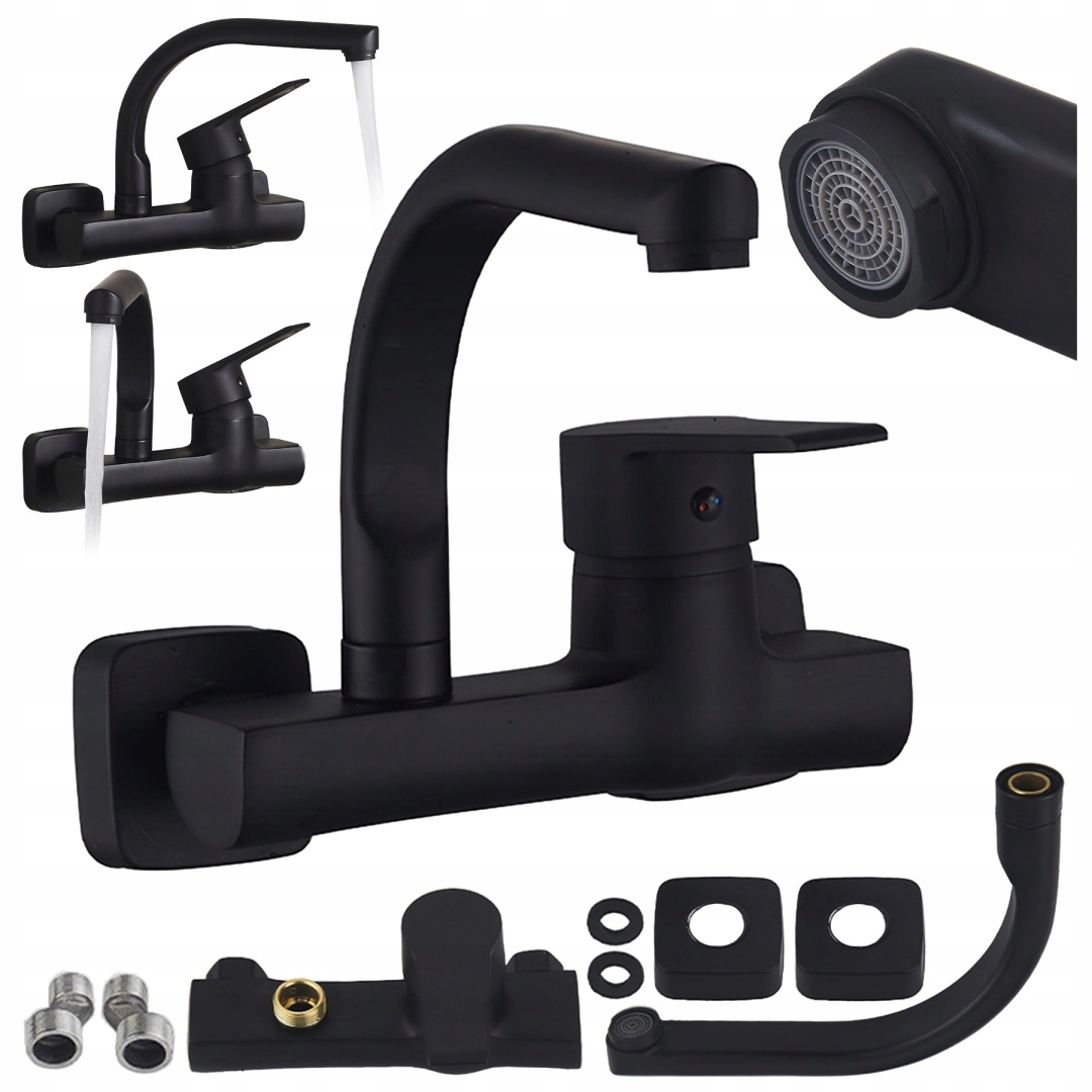 Bateria Kuchenna Ścienna Obrotowa Wylewka Kran Elba Czarna