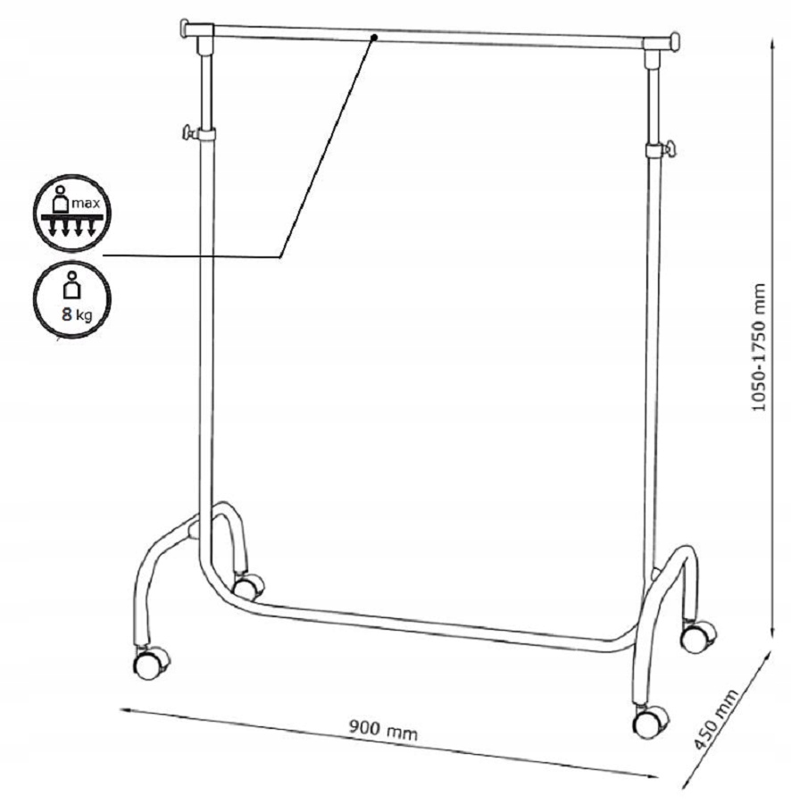 WIESZAK STOJĄCY NA UBRANIA GARDEROBA STOJAK METALOWY REGULOWANY NA KÓŁKACH Kolor mebla czarny srebrny