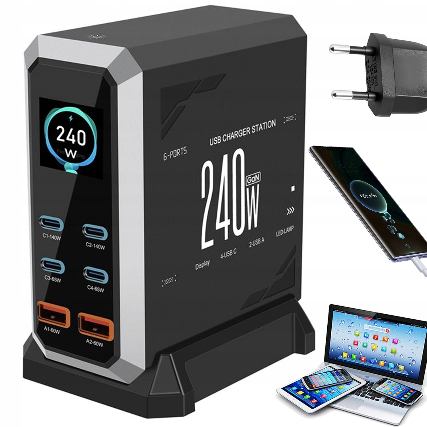 Stacja szybkiego ładowania 6w1 Usb C Usb A 240W GaN do telefonu i laptopa