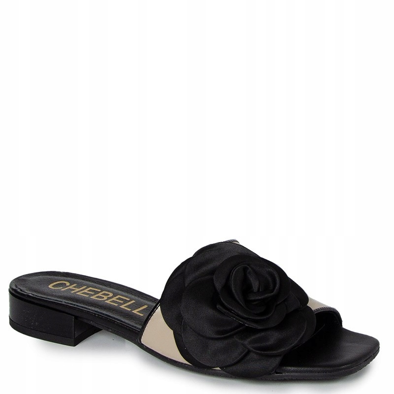 CheBello 4673 Černobéžové Kožené Nazouváky S Květem 37