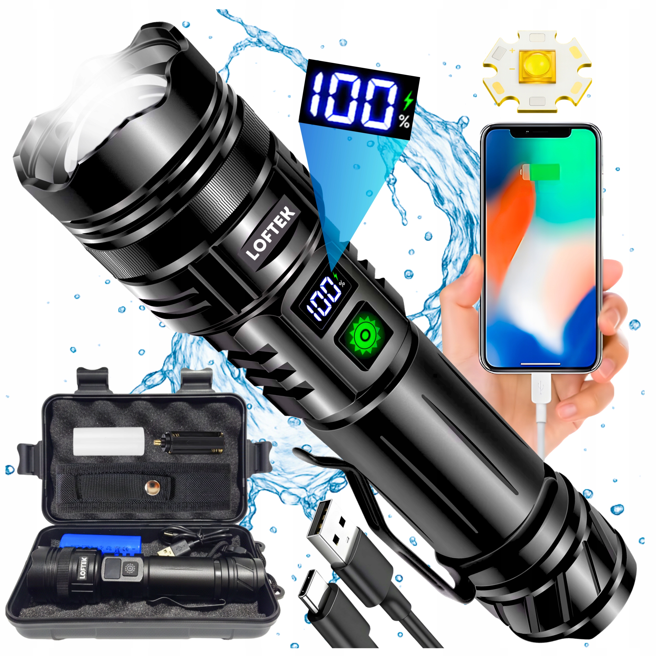 Led Svítilna 20000 Lumenů Akumulátorová Výkonná Reflektor Zoom Usb Voděodolná