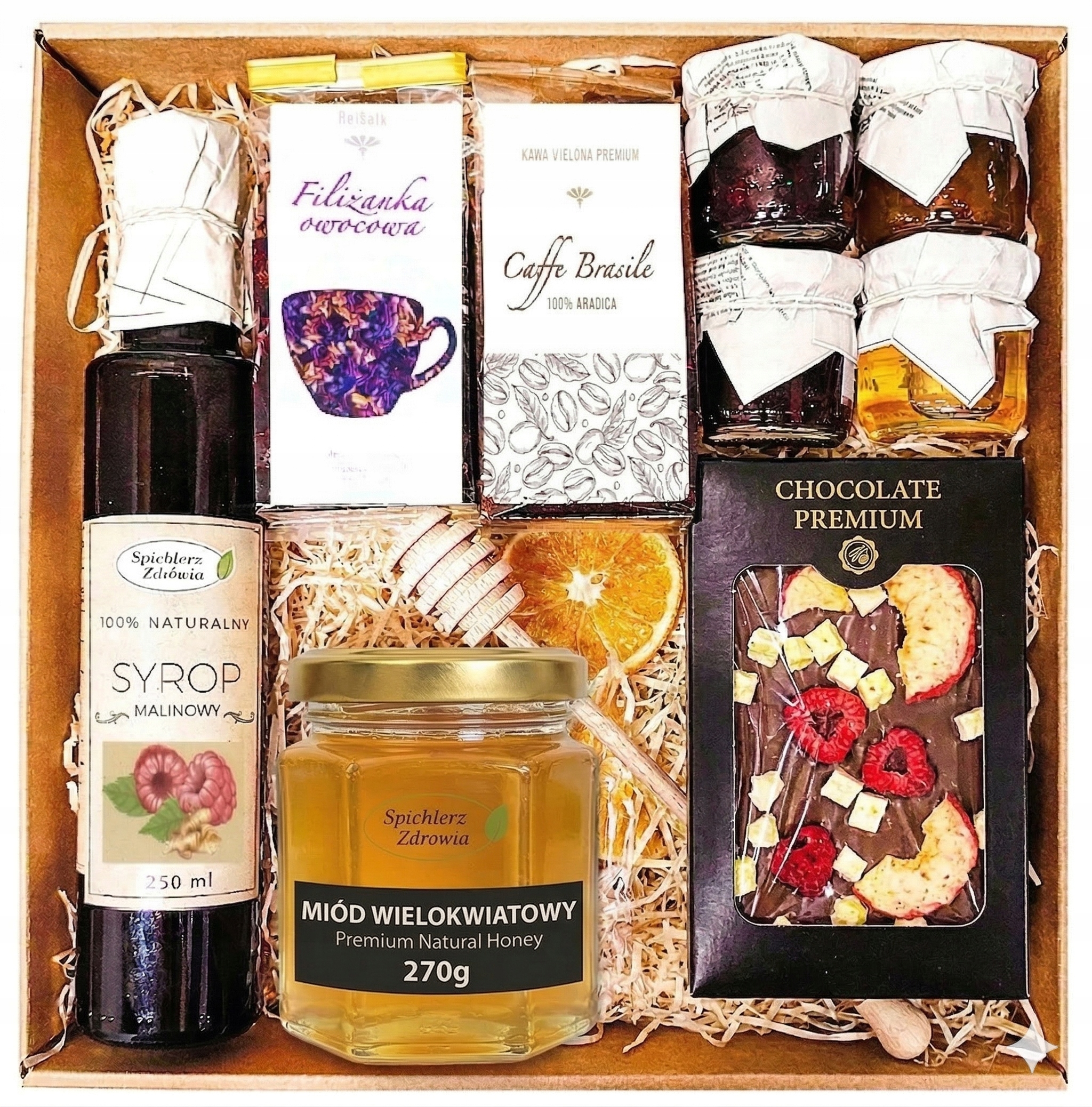 Kosz Prezentowy Upominek Herbata Miód Czekolada Kawa Syrop Malina