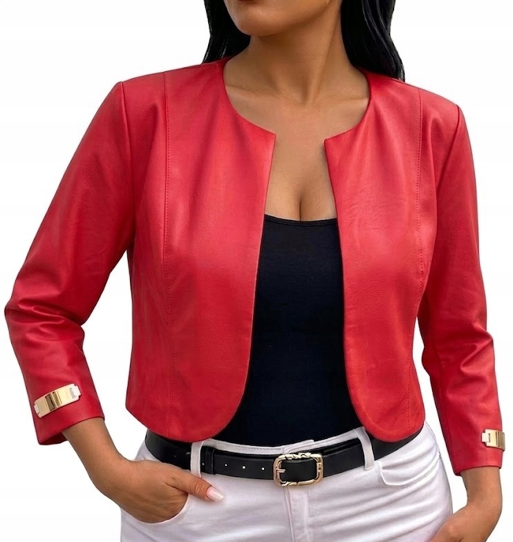 Żakiet krótki czerwon eko skóra marynarka narzutka bolerko złote blaszki 52