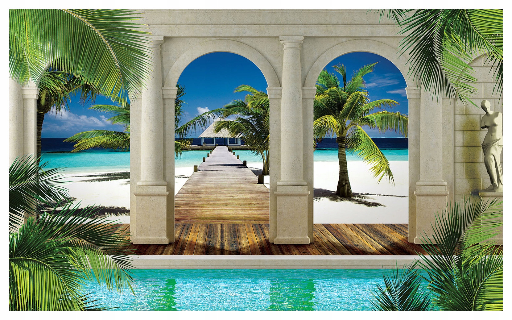 Vliesová fototapeta Palmy Oblouky Oceán Relax Pláž 254x184 lepidlo