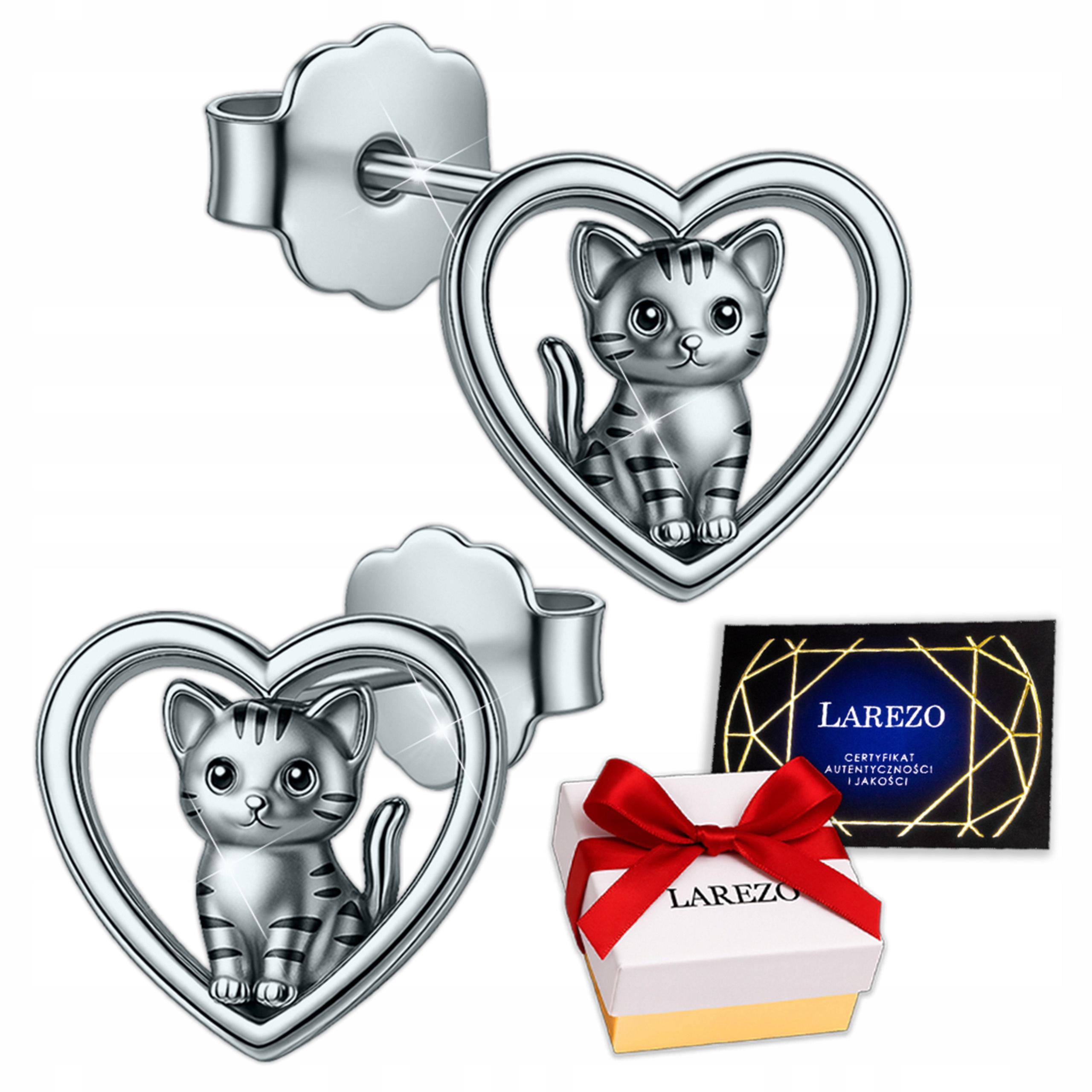 Náušnice Kočky Stříbrné Kočičky Srdce s Kočkami Srdíčka s Kočkou Stříbro 925