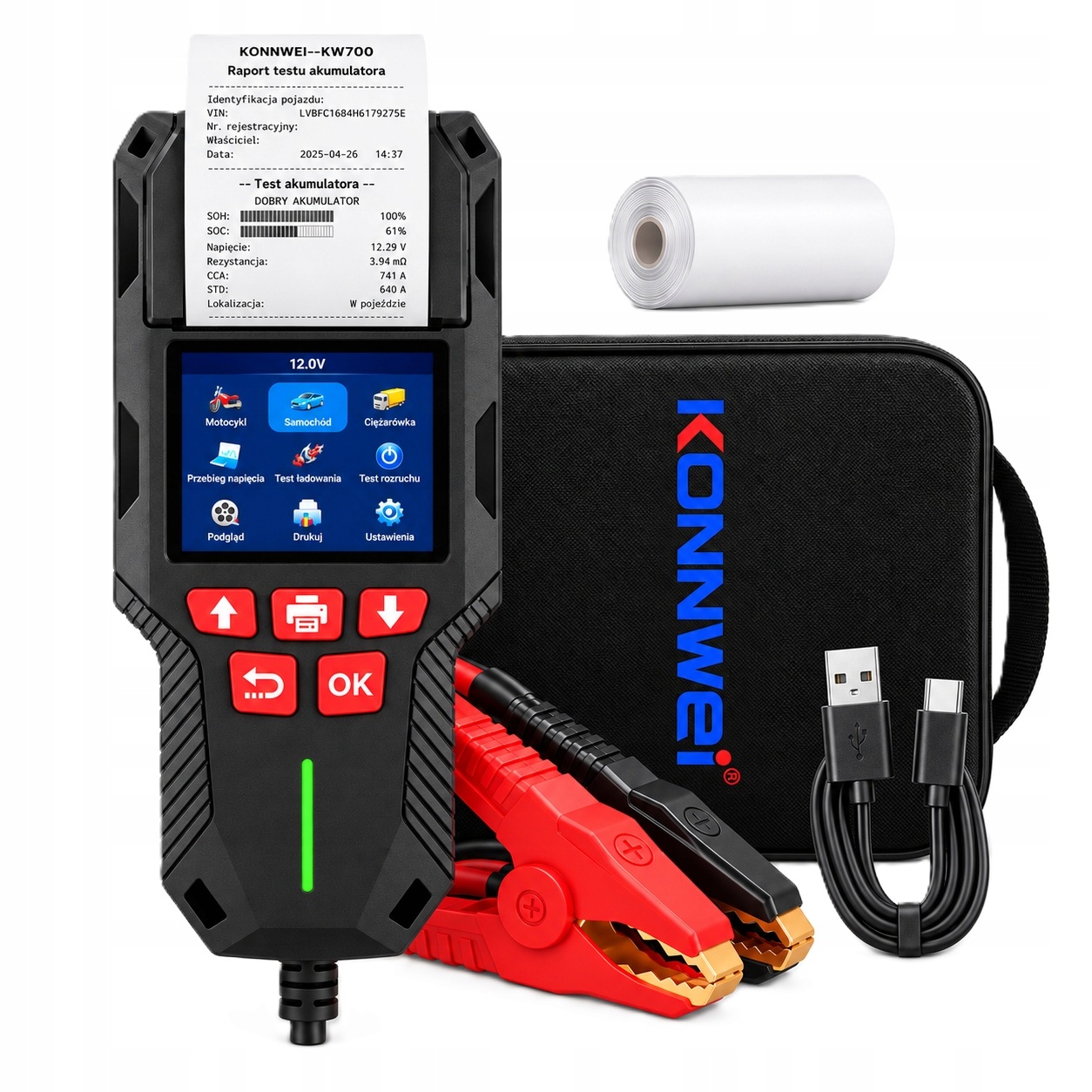 Tester Akumulatorów Akumulatora Baterii 12V 24V Polskie Menu LCD Wydruk