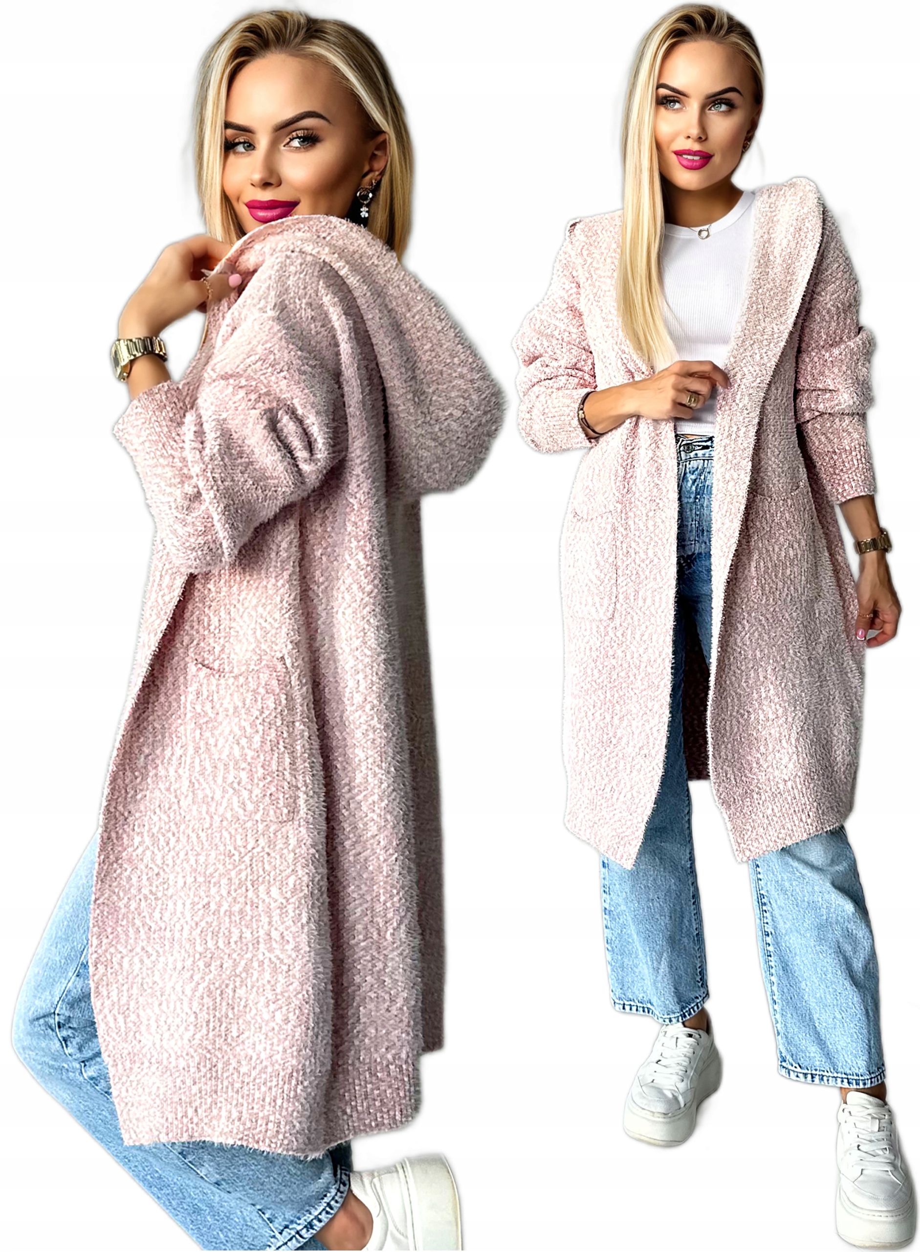 Długi Sweter Kardigan damski Narzutka z kapturem mięciutki multikolor Nora