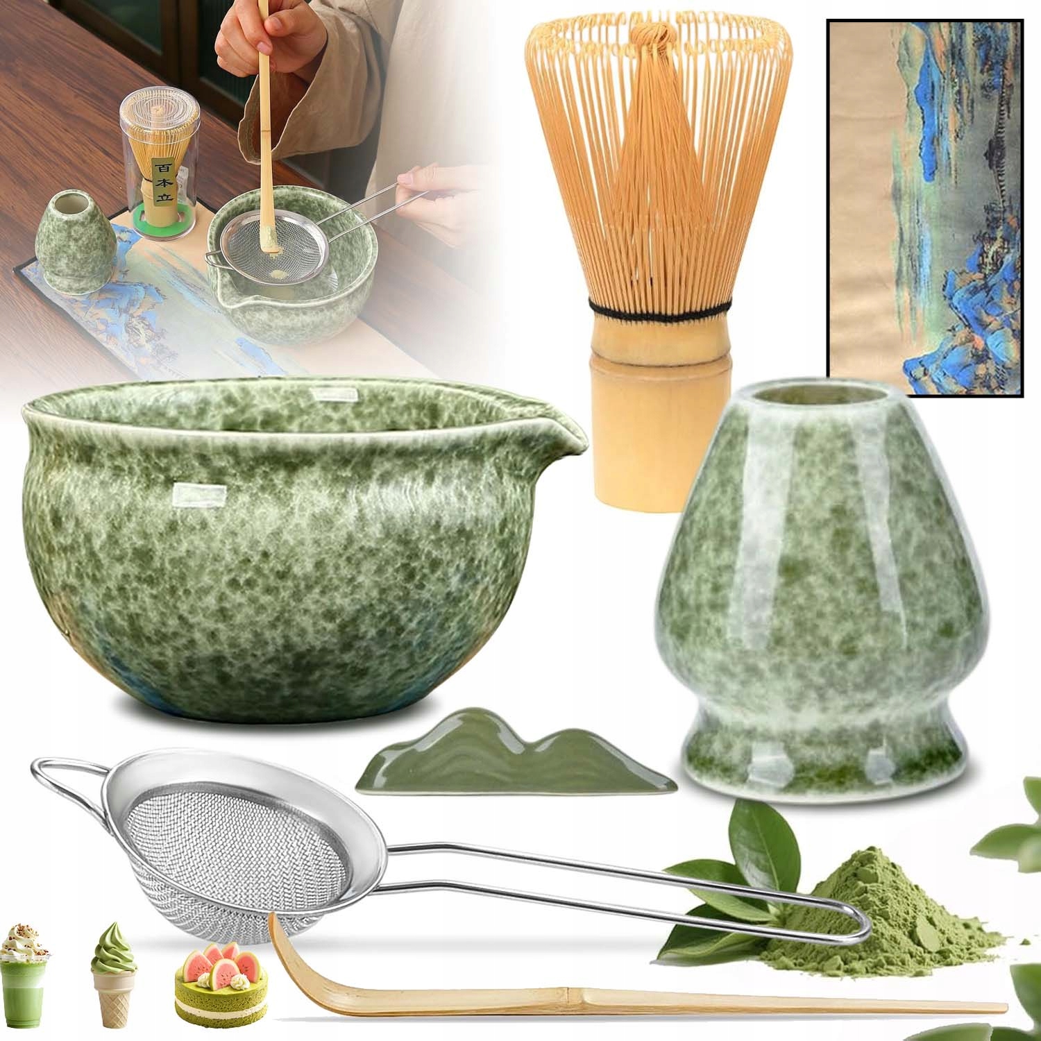Bambusowy Zestaw Prezentowy Do Herbaty Matchy Chashaku Trzepaczka Łyżka 7W1