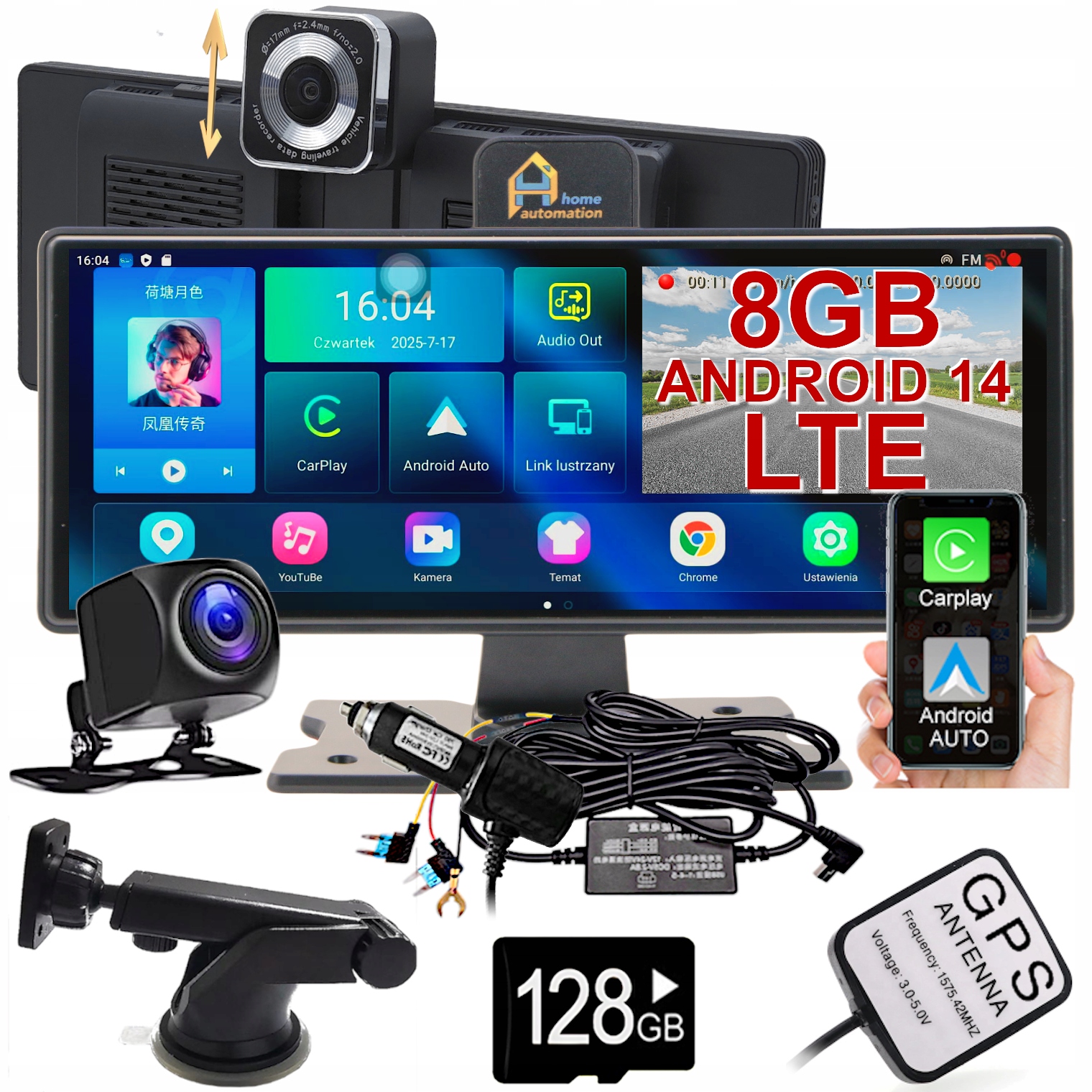 Stacja Radio Ekran Rejestrator Kamera Nawigacja GPS Android CarPlay Monitor